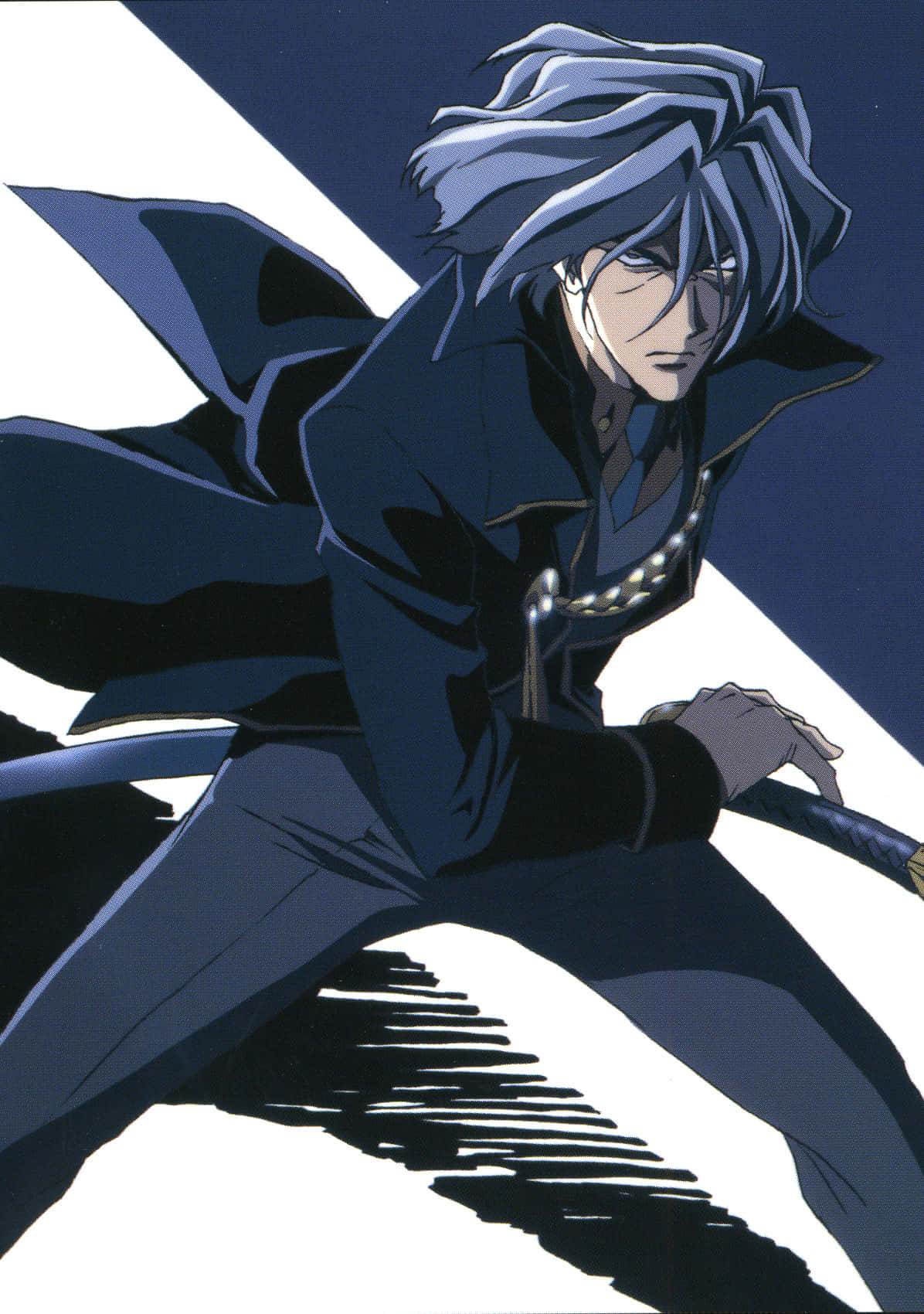 Cowboy Bebop Vicious 桌布 壁紙 — 一位銀髮動漫劍士身穿深色外套，手持武士刀，站在鮮明的藍白背景前。