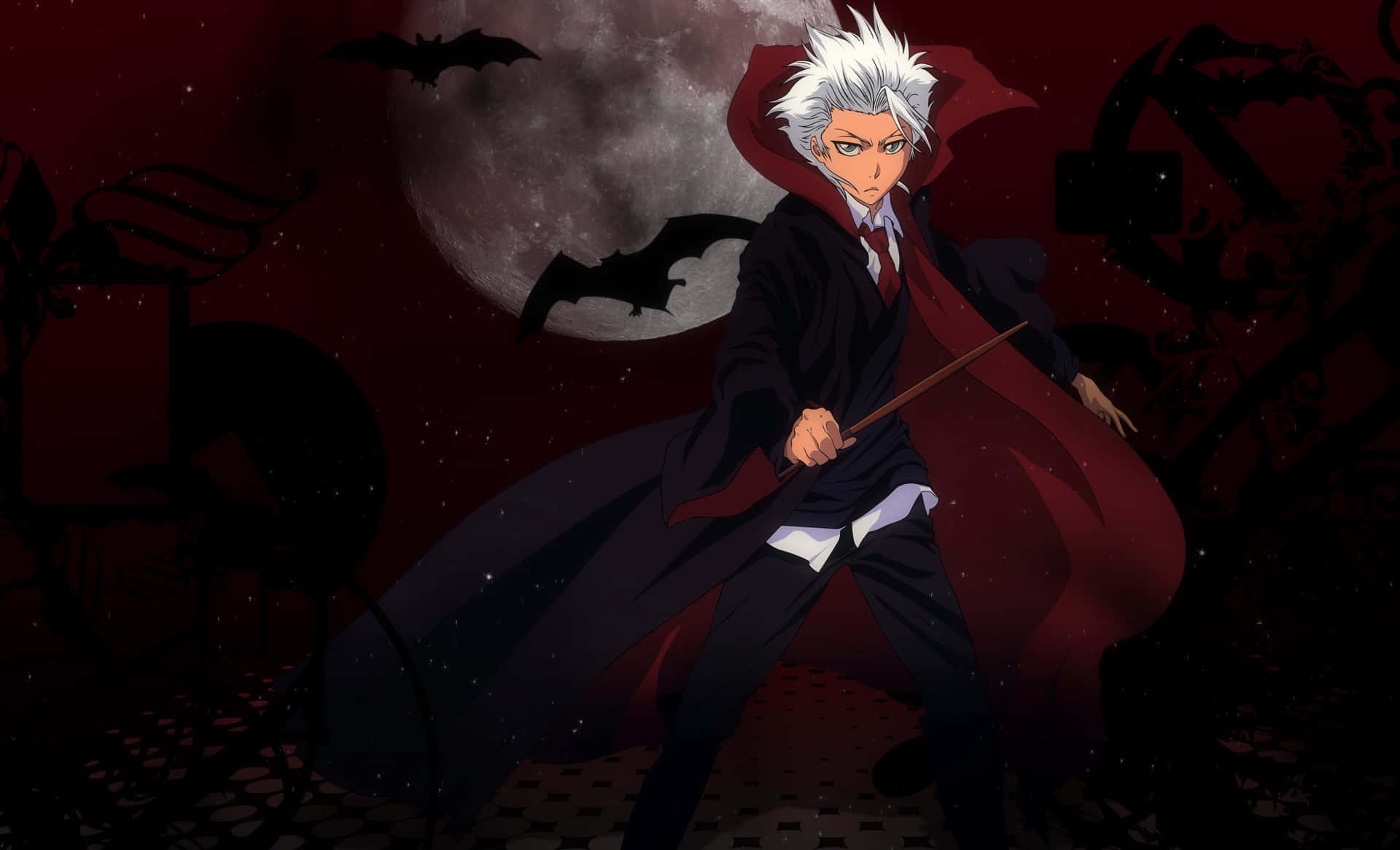 Toshiro Hitsugaya 桌布 壁紙 — 一位銀髮動漫吸血鬼身穿紅色斗篷，在滿月下手持法杖，蝙蝠在深紅色的天空中飛翔。