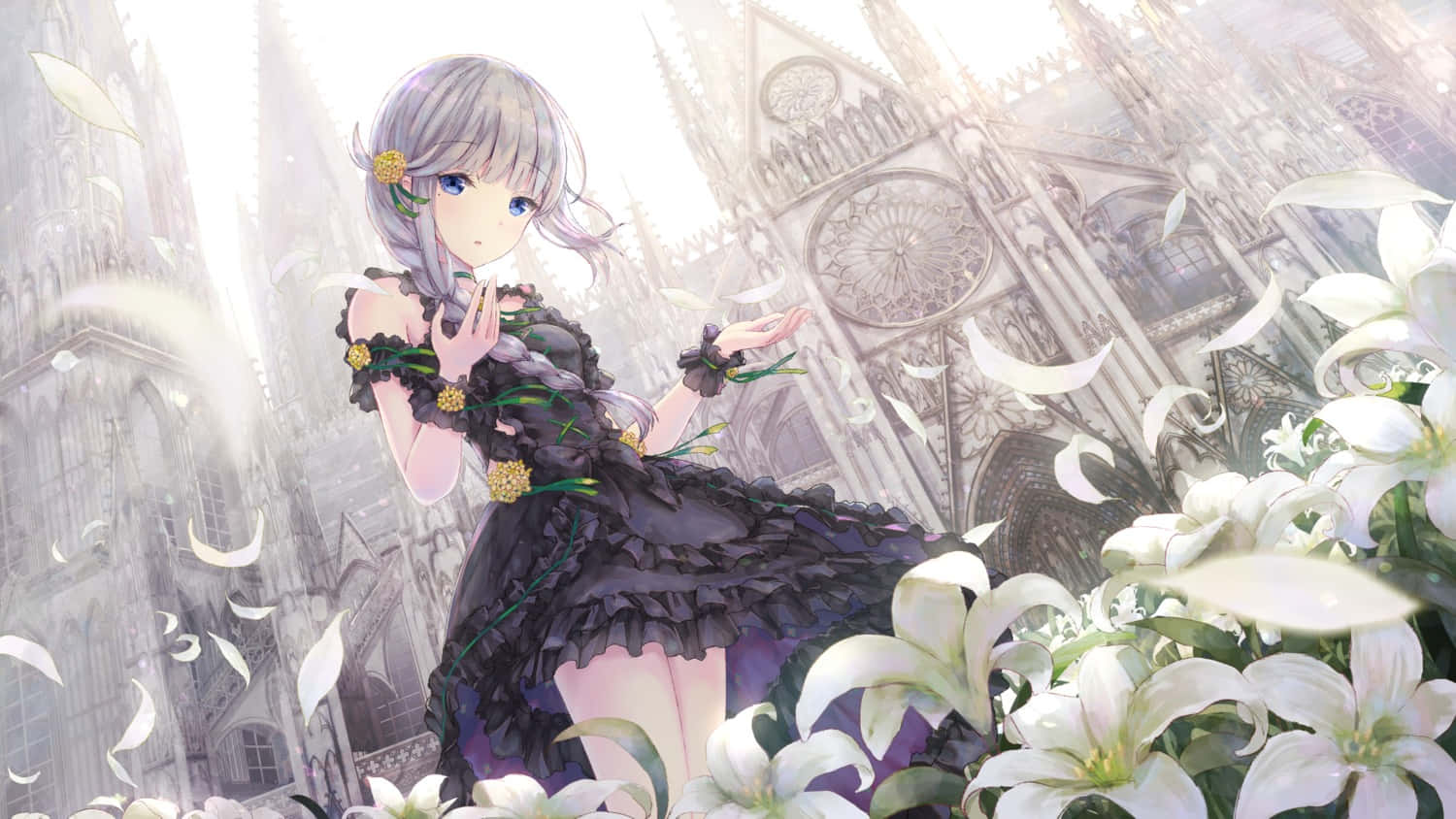 Gothic Fashion 桌布 壁紙 — 一位銀髮動漫女孩穿著黑色花卉連衣裙，站在大教堂前飄落的白色百合花中。