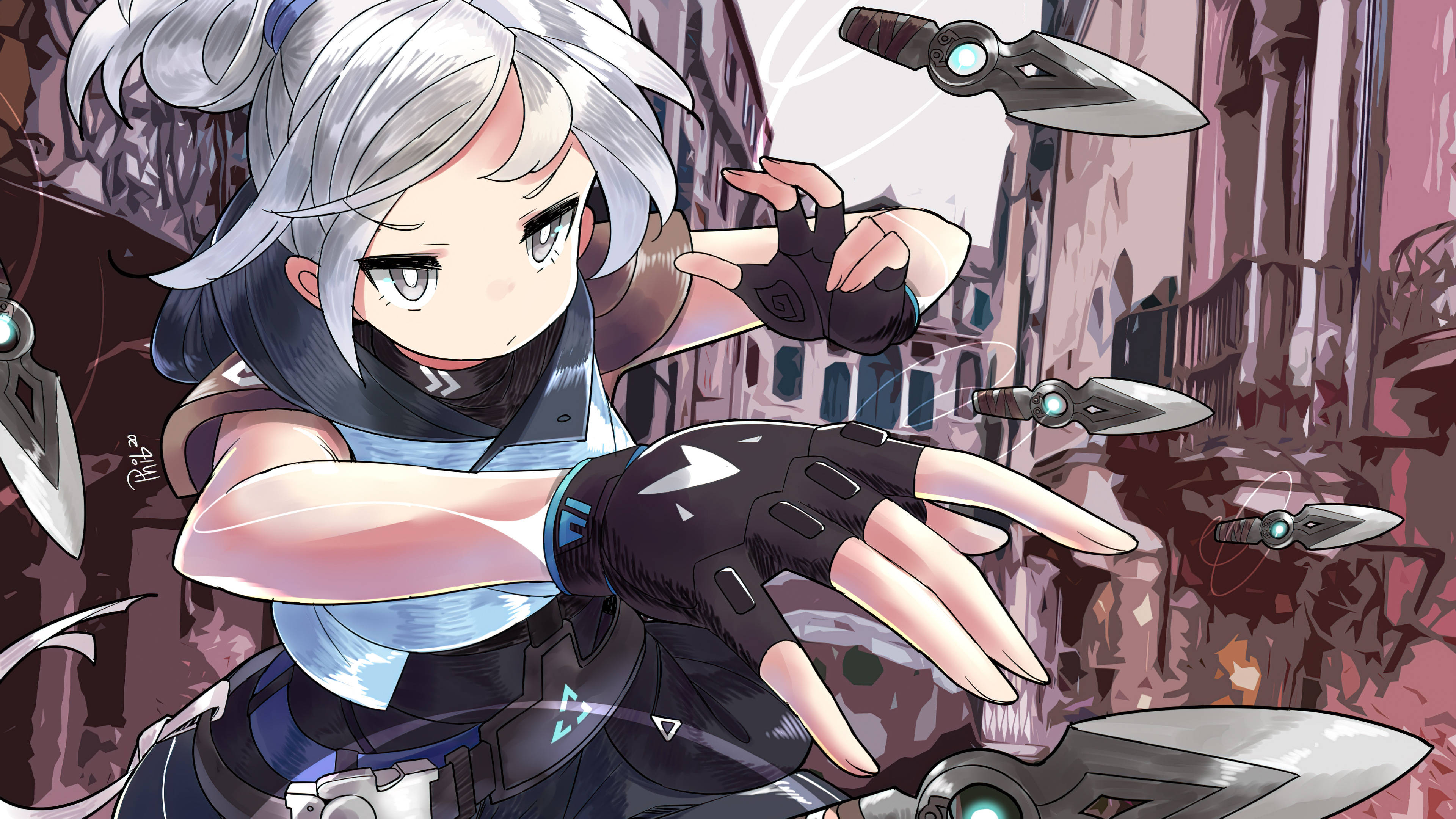 《Valorant》4K Jett 壁紙 — 一位銀髮動漫女孩穿著黑色裝備，在塗鴉覆蓋的城市小巷中投擲發光的飛刀。
