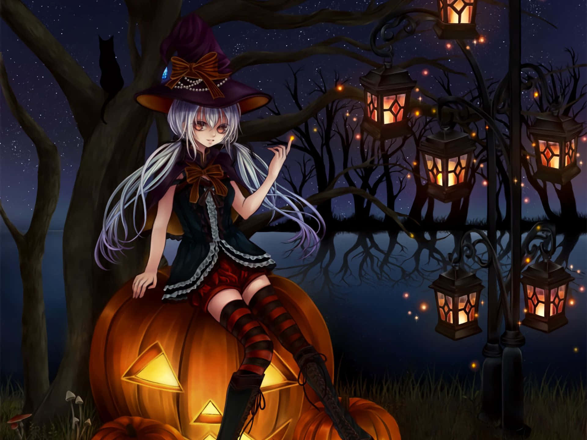 Witch Hats 桌布 壁紙 — 一位銀髮動漫女巫戴著紫色帽子，坐在發光的傑克南瓜燈上，星空下燈籠將溫暖的光投射在陰森的樹木上。