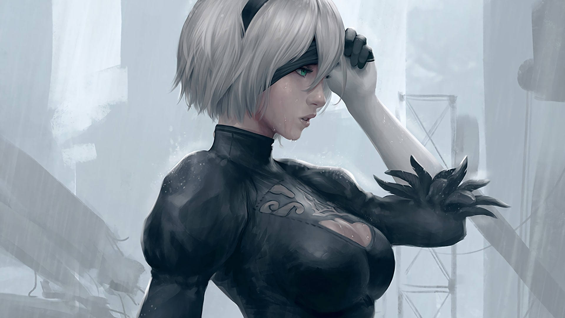Nier Automata 4K 桌布 壁紙 — 一位銀髮動漫女性穿著黑色戰術服裝，站在下雨的城市小巷中，手放在頭上，表情堅定。