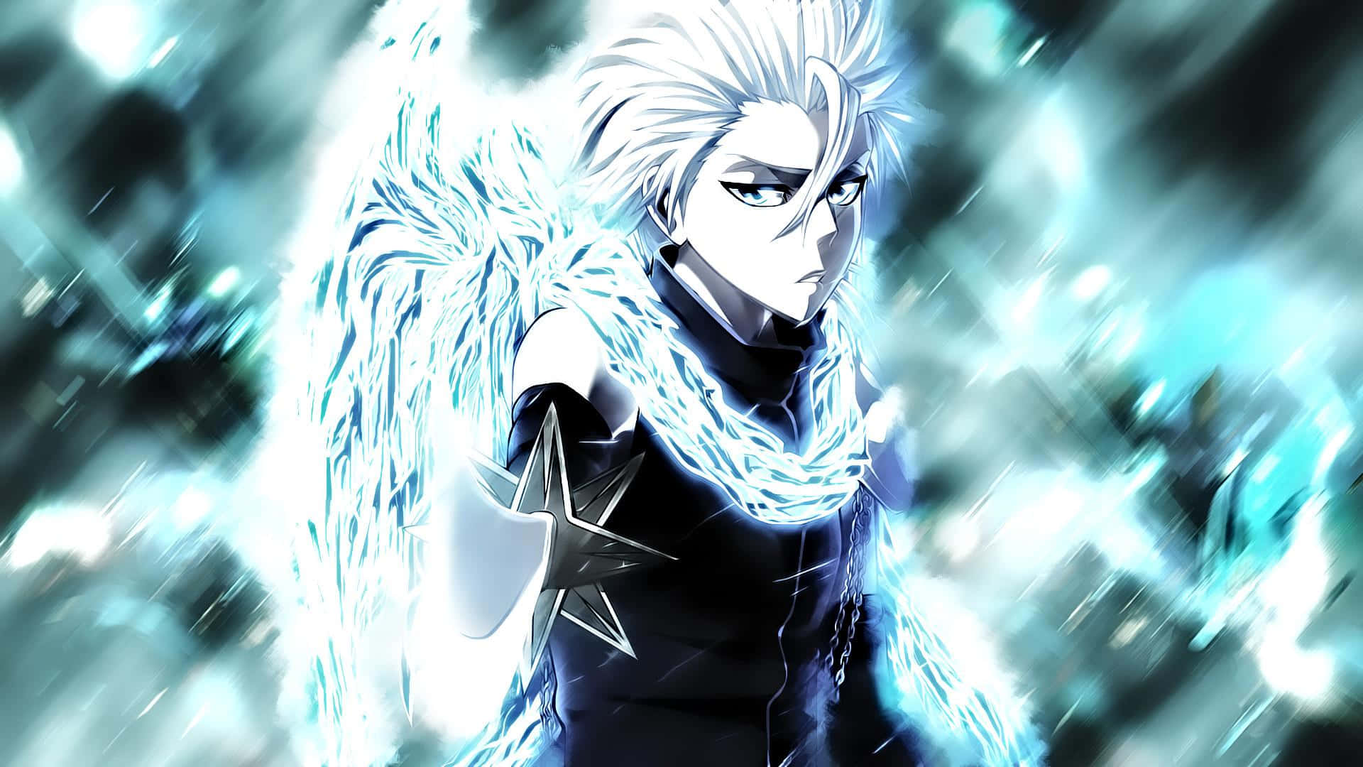 Toshiro Hitsugaya 桌布 壁紙 — 一位銀髮動漫戰士，擁有發光的藍色能量翅膀和星星標誌，站在動態、帶有運動模糊的戰鬥光環中。
