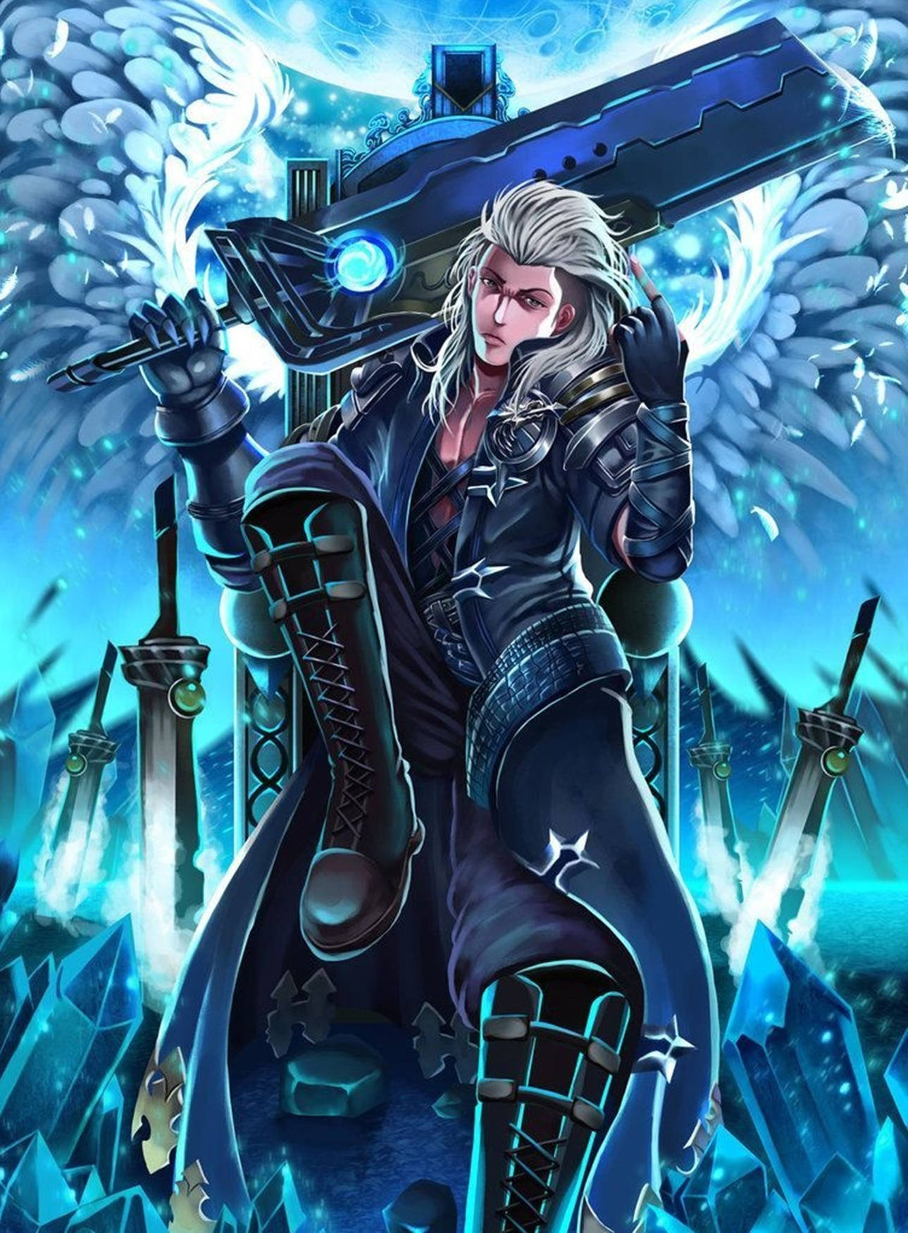 Mobile Legends 桌布 壁紙 — 一位銀髮動漫戰士，擁有發光的藍色翅膀，在晶體廢墟中揮舞著巨大的未來主義劍，背景是燦爛的藍天。