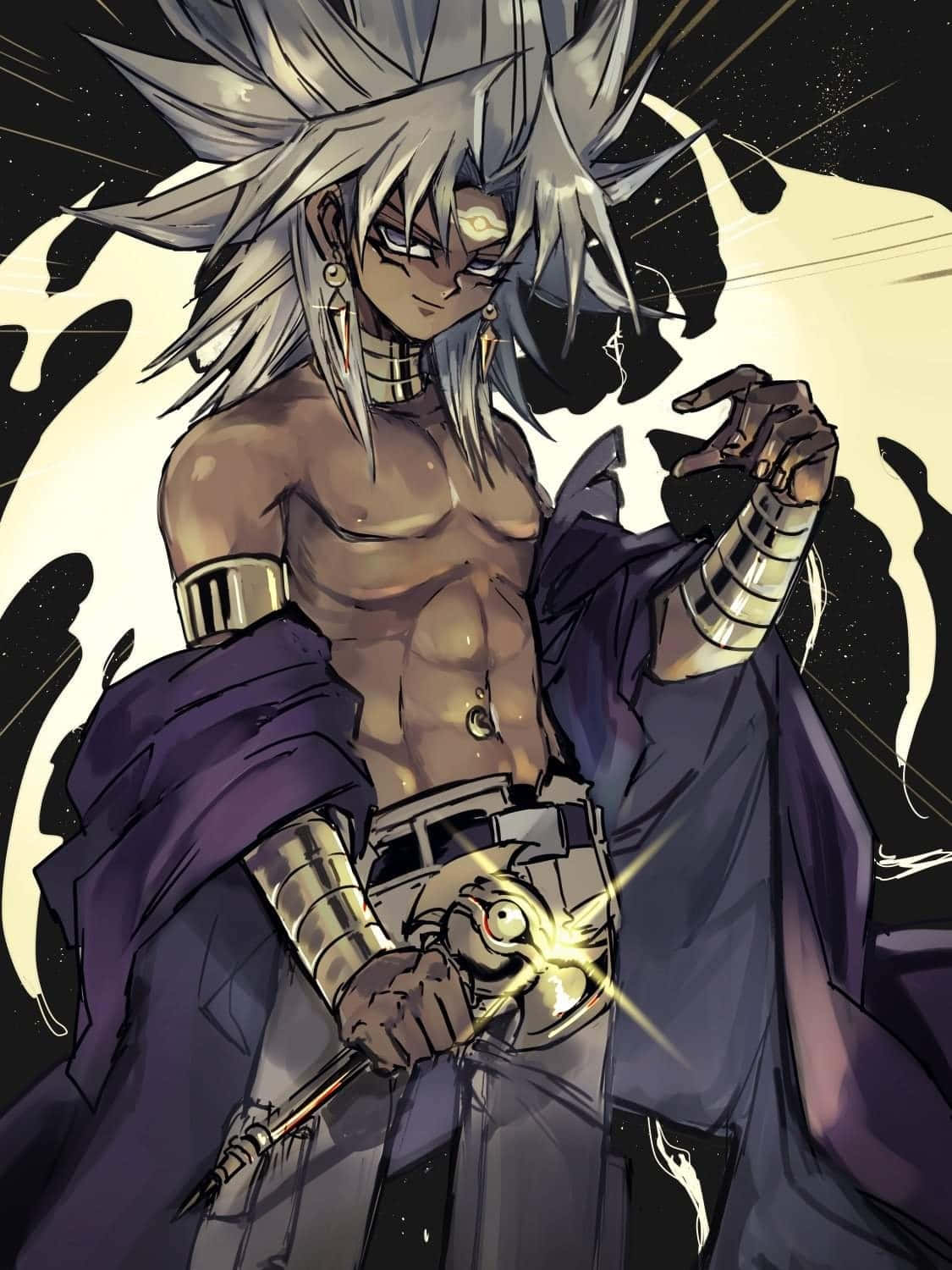 Marik Ishtar 桌布 壁紙 — 一位銀髮動漫戰士，雙眼發光，在星辰和旋轉光芒的宇宙背景下揮舞著劍。