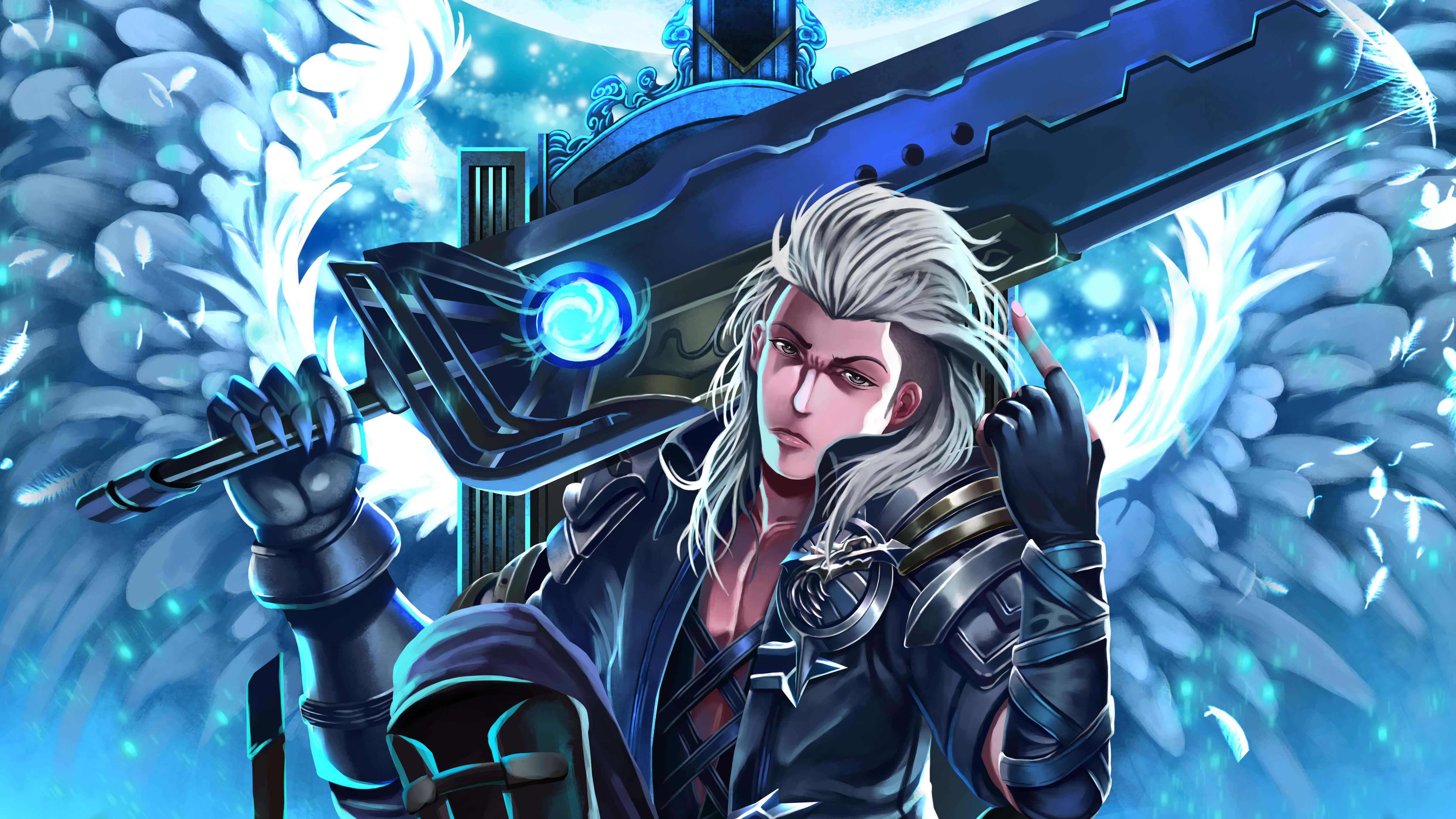 Cartoon Games 桌布 壁紙 — 一位銀髮動漫戰士在宇宙背景下揮舞著發光的藍色劍，身後有羽毛翅膀。