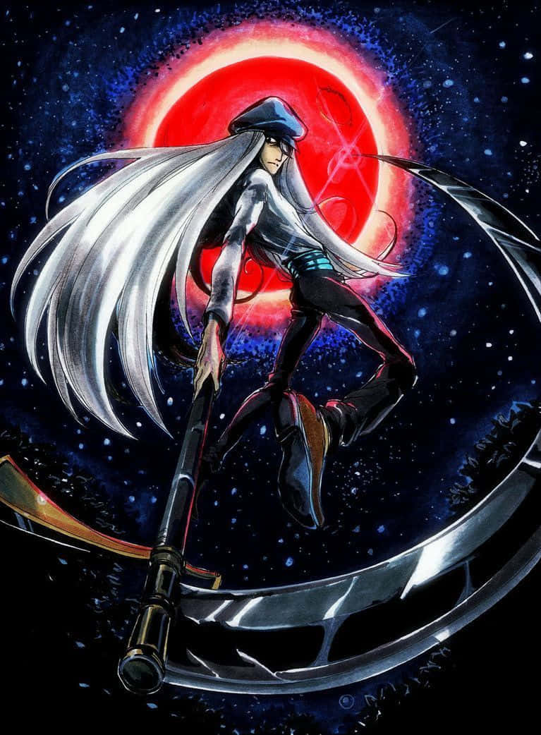 Hunter X Hunter Kite 桌布 壁紙 — 一位銀髮動漫戰士手持大鐮刀，站在星際宇宙虛空中一顆發光的紅日前。