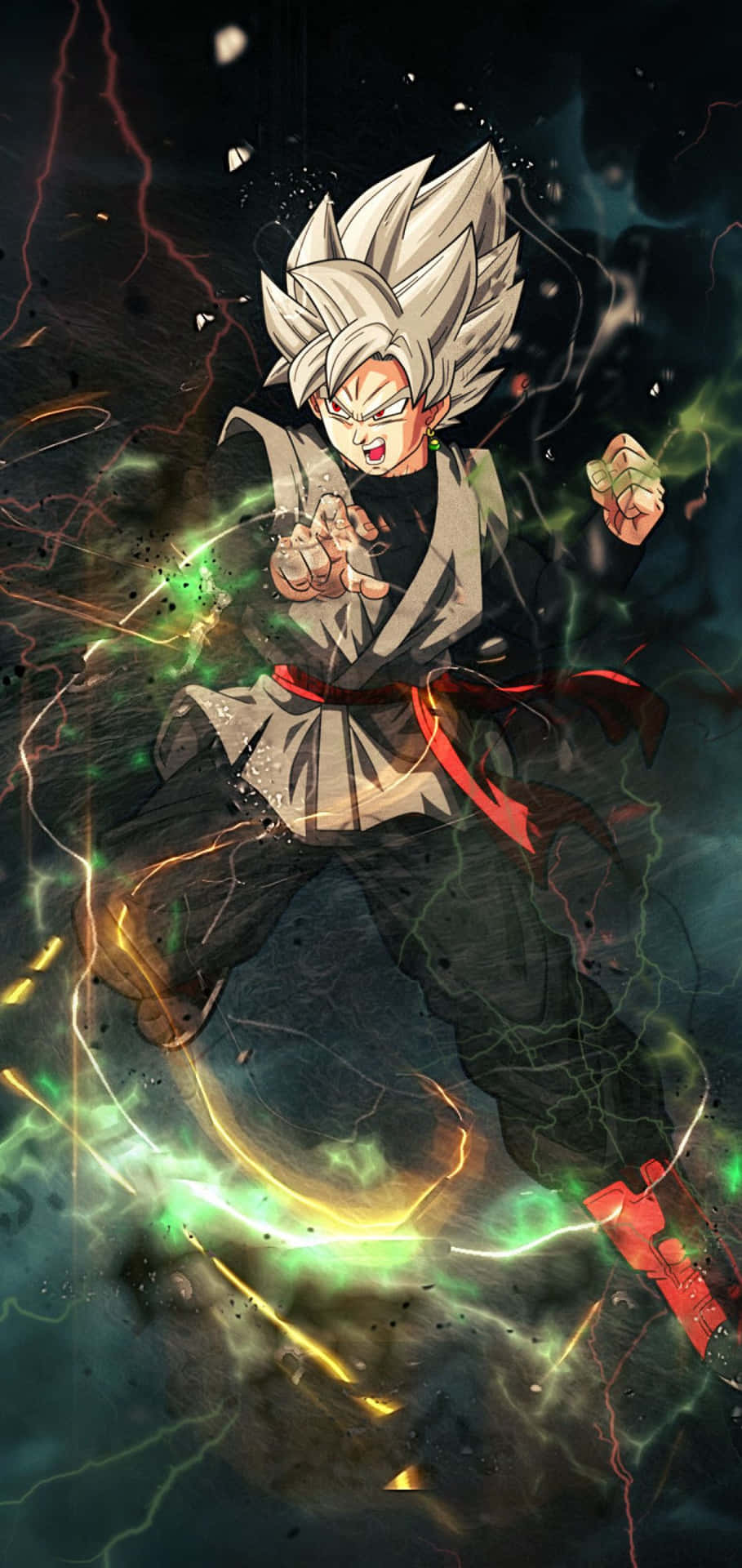 Dragon Ball iPhone 桌布 壁紙 — 一位銀髮動漫戰士穿著黑色道服和紅色腰帶，在黑暗的宇宙風暴中釋放出發光的綠色和黃色能量。
