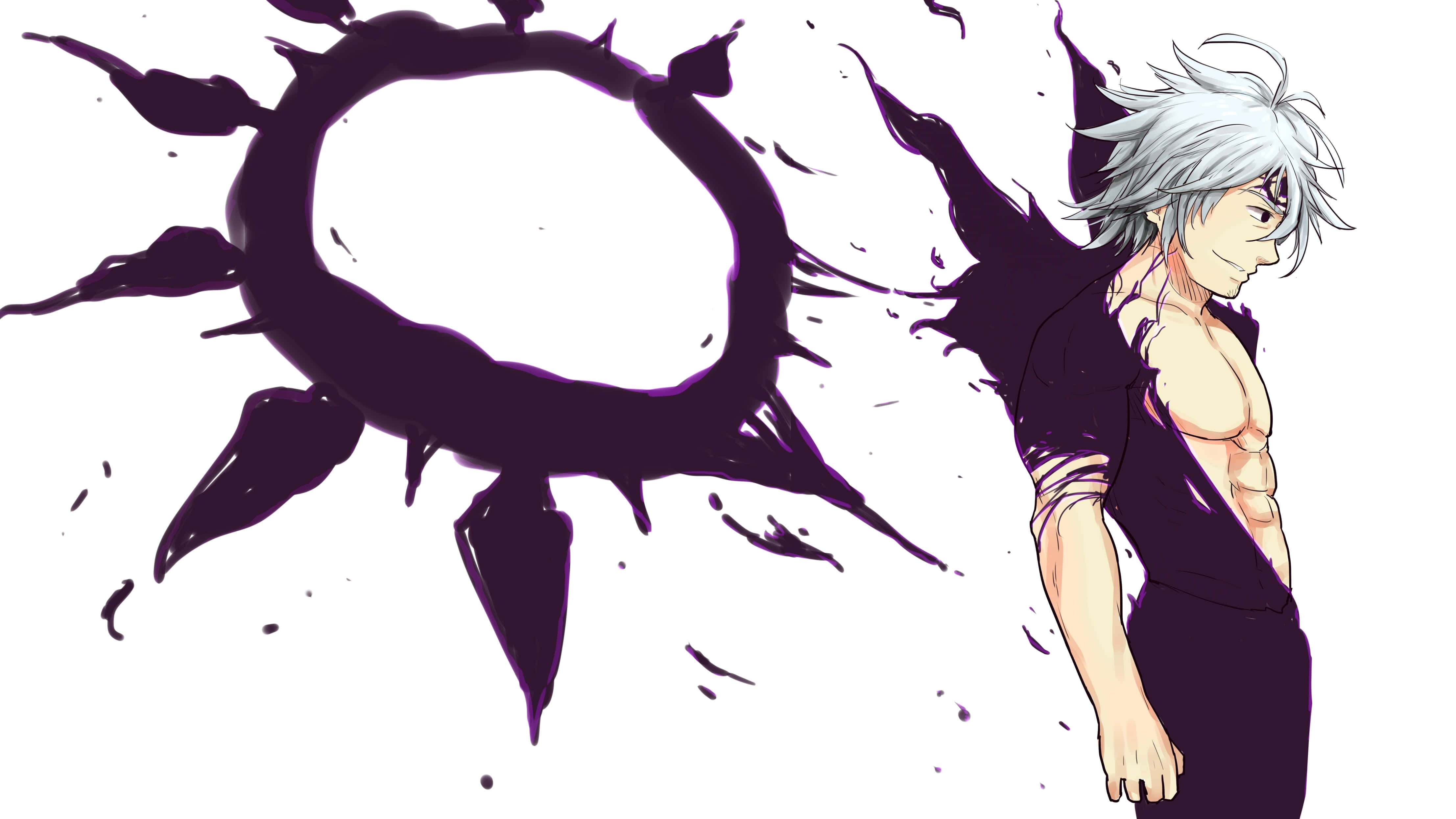 Seven Deadly Sins Estarossa 桌布 壁紙 — 一位銀髮動漫戰士站在一個戲劇性的紫色墨水飛濺形成的尖刺環旁邊。