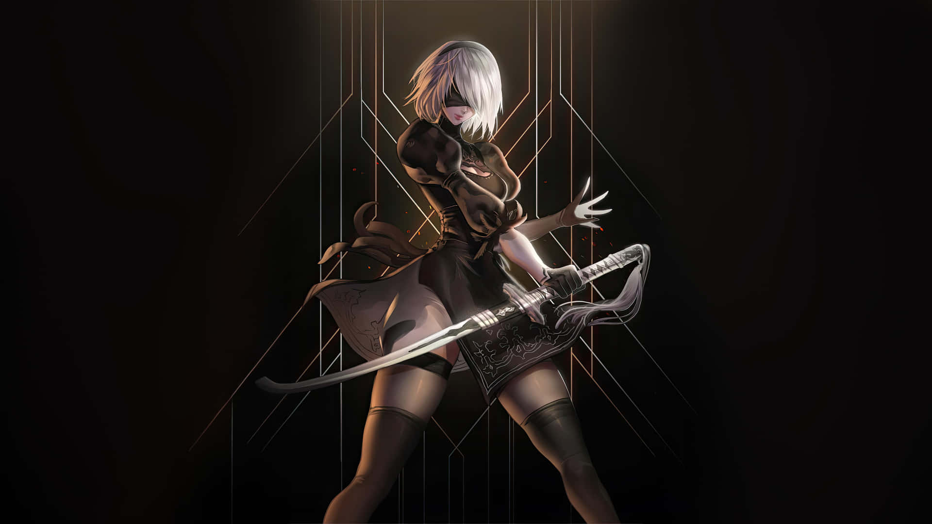 銀髮動漫女戰士在黑暗環境中手持彎曲的劍，伴隨著發光的金色線條