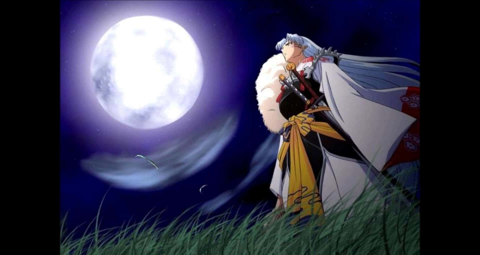Sesshomaru 桌布 壁紙 — 一位銀髮動漫戰士身穿白色毛邊長袍，站在高草叢中，頭頂一輪巨大的滿月。