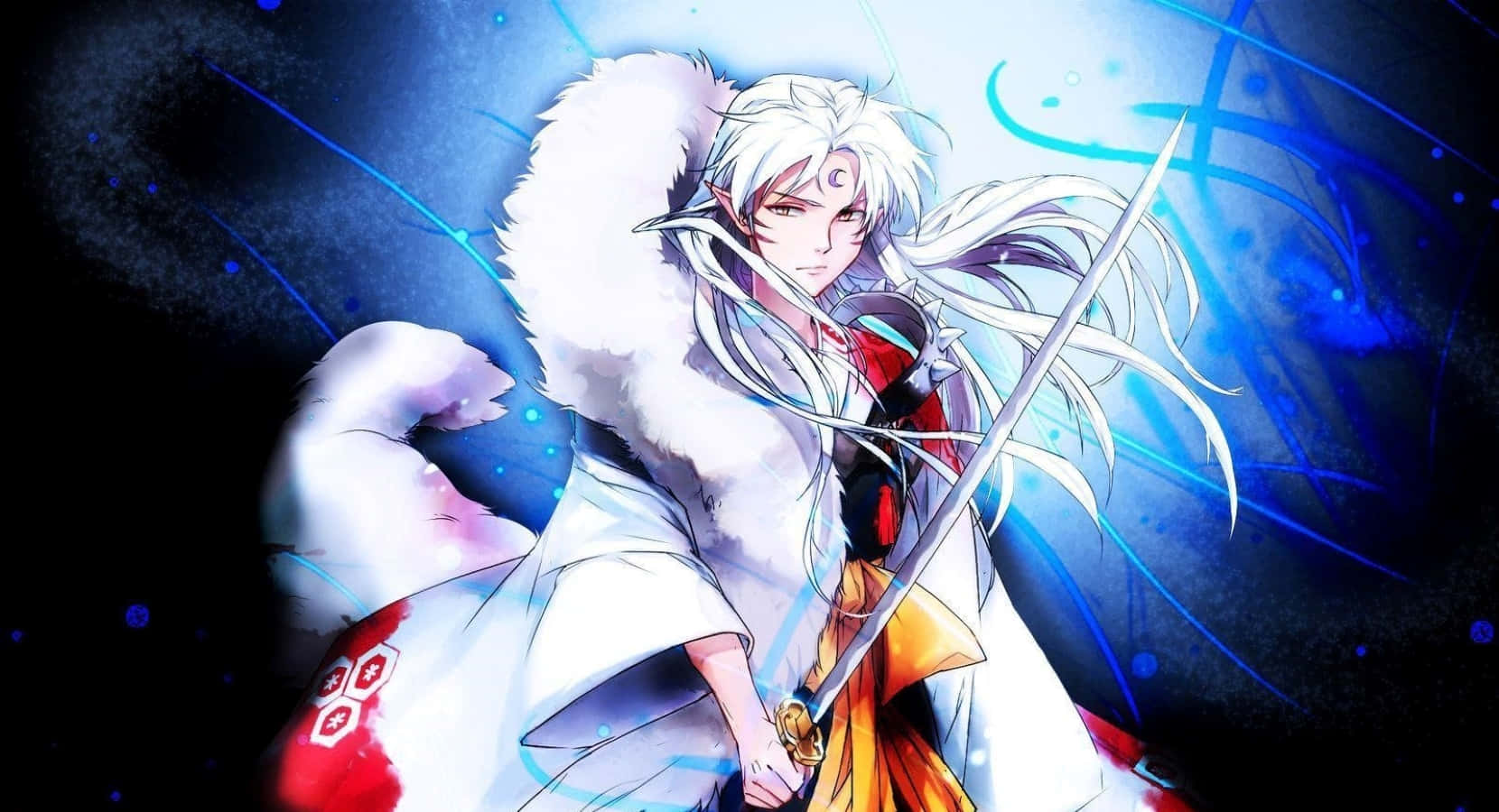 Sesshomaru 桌布 壁紙 — 一位銀髮動漫戰士身穿白色毛邊長袍，在發光的藍色宇宙背景前持劍。