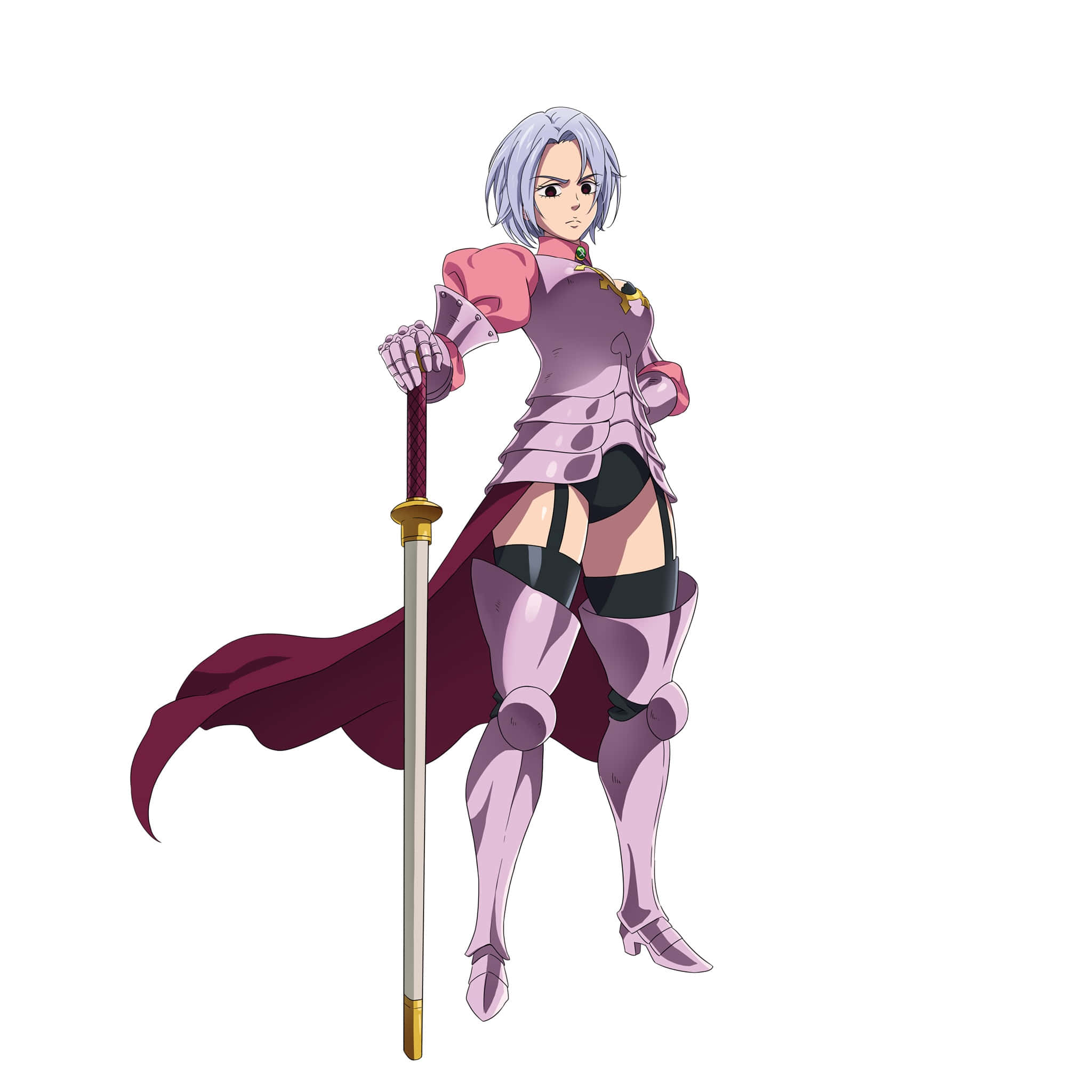 Seven Deadly Sins Jericho 桌布 壁紙 — 一位銀髮動漫戰士身穿紫色盔甲，手持劍和飄逸的披風，站在純白色背景前。