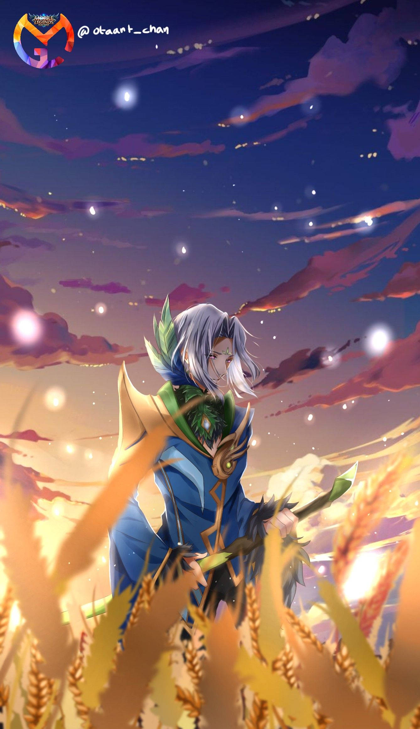 Mobile Legends 桌布 壁紙 — 一位銀髮動漫戰士身穿藍色盔甲，站在金色麥田之中，天空佈滿發光球體和紫色雲彩，呈現暮色景象。