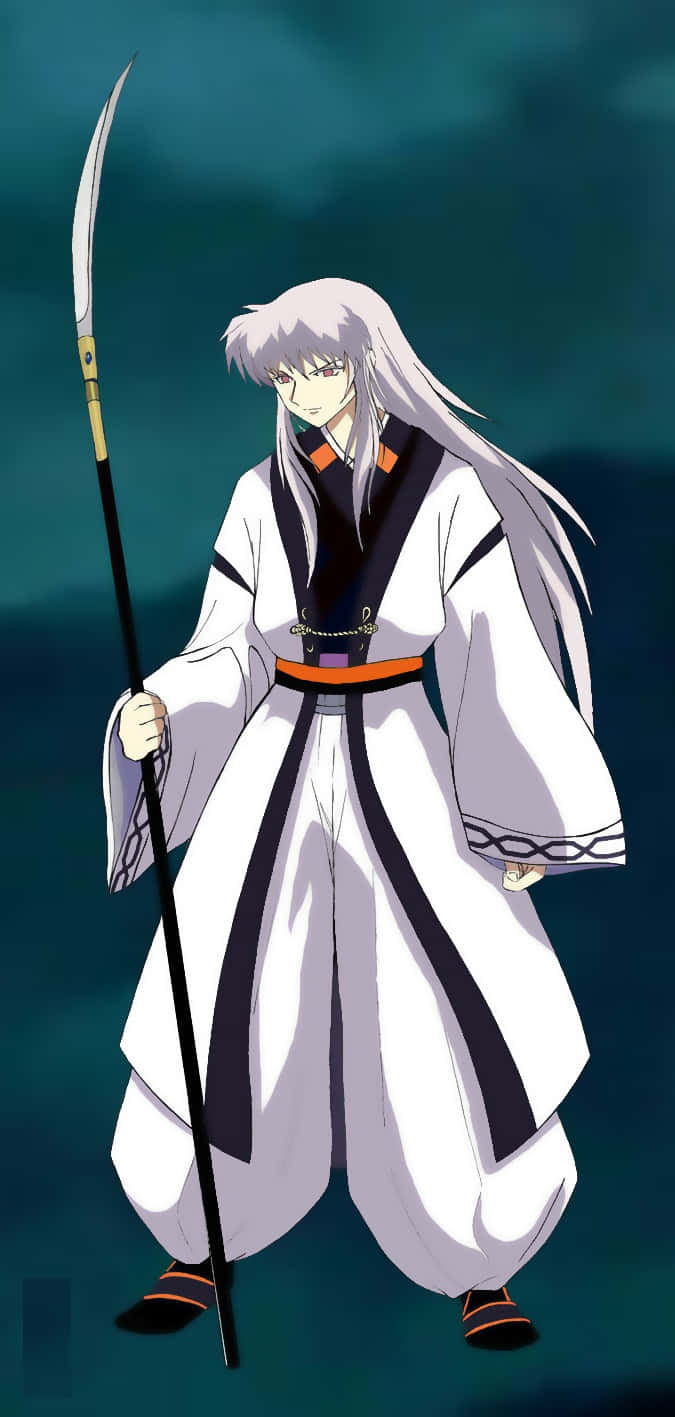 Hakudoshi 桌布 壁紙 — 一位銀髮動漫戰士身穿黑白長袍，在深藍綠色背景前手持一把長彎刀。