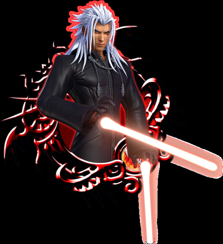 Kingdom Hearts Xemnas 桌布 壁紙 — 一位銀髮動漫戰士身穿黑色盔甲，在黑暗背景中揮舞著發光的紅色光劍，周圍環繞著華麗的紅色能量漩渦。