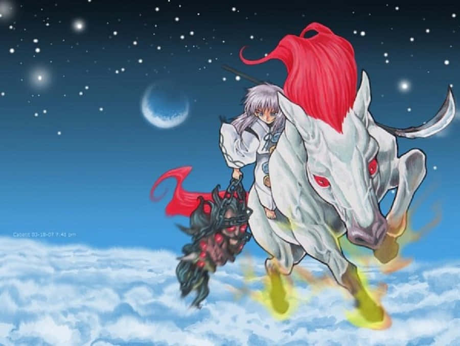 Hakudoshi 桌布 壁紙 — 一位銀髮動漫戰士騎著一匹擁有紅色鬃毛和發光蹄子的白馬，穿過雲層之上的星空。