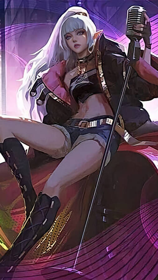 S.T.U.N. Selena《Mobile Legends》 壁紙 — 一位銀髮動漫歌手穿著前衛服裝，手持復古麥克風，背景是充滿活力的紫色霓虹舞台。