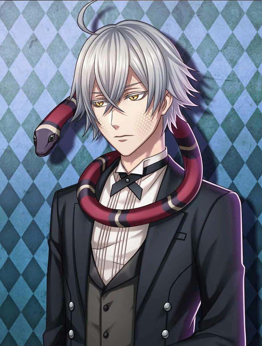Black Butler Snake 桌布 壁紙 — 一位銀髮動漫男子穿著正式西裝，脖子上纏繞著一條紅黑相間的蛇，背景是藍色菱形圖案牆壁。