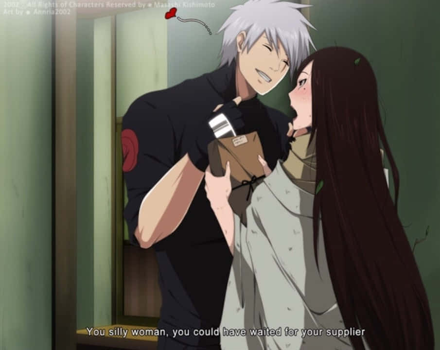 Kakashi And Rin 桌布 壁紙 — 一位銀髮動漫男子穿著黑色制服，在室內頑皮地逗弄一位長著深色長髮、臉紅的女子。