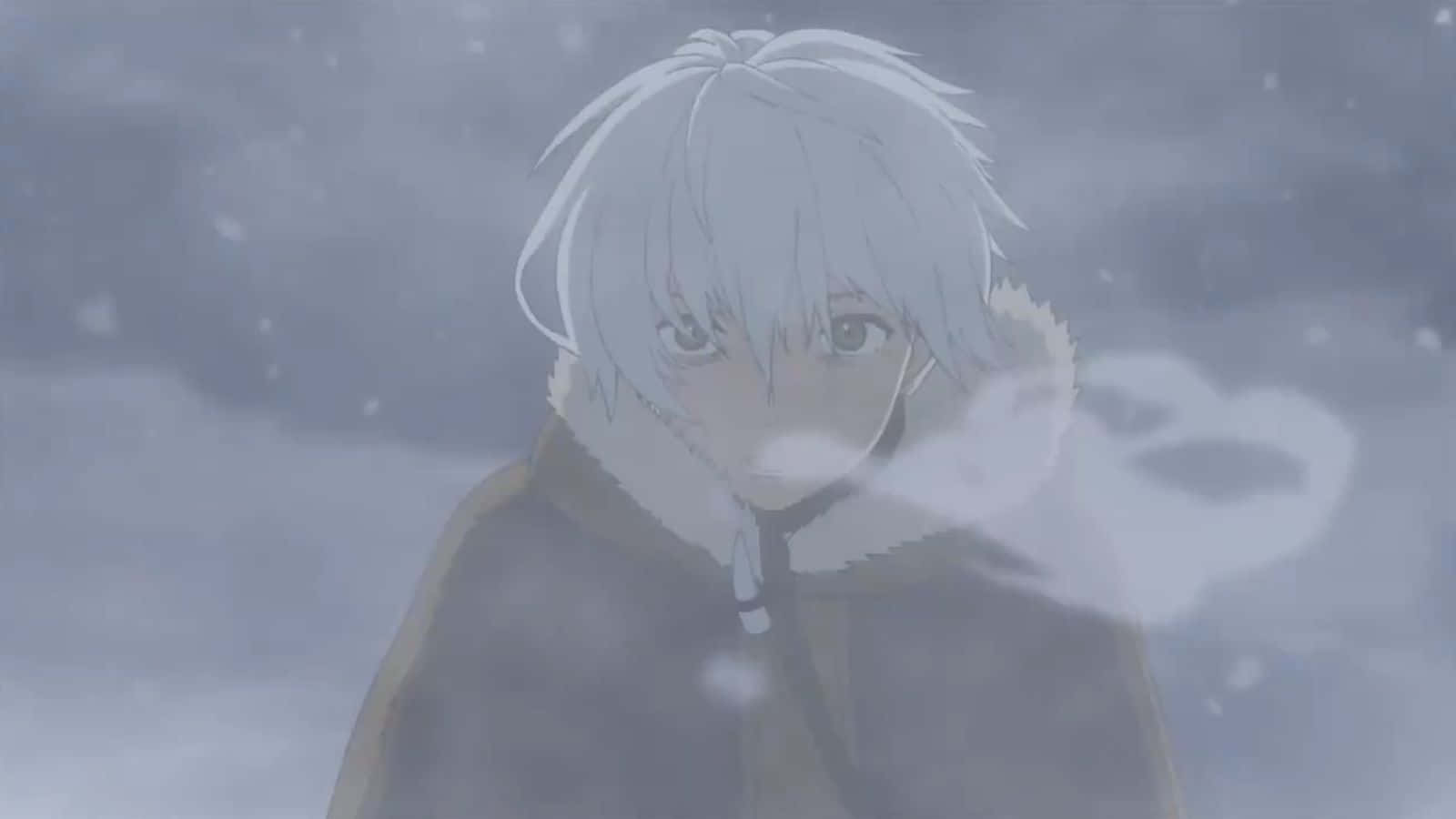 To Your Eternity 桌布 壁紙 — 一位銀髮動漫角色穿著冬季外套，站在雪霧瀰漫的風景中，表情莊嚴。