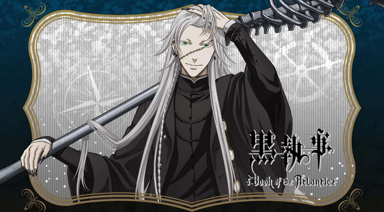 Black Butler Undertaker 桌布 壁紙 — 一位銀髮動漫角色身穿黑色長袍，在帶有指南針和齒輪圖案的華麗框架背景前手持鐮刀。