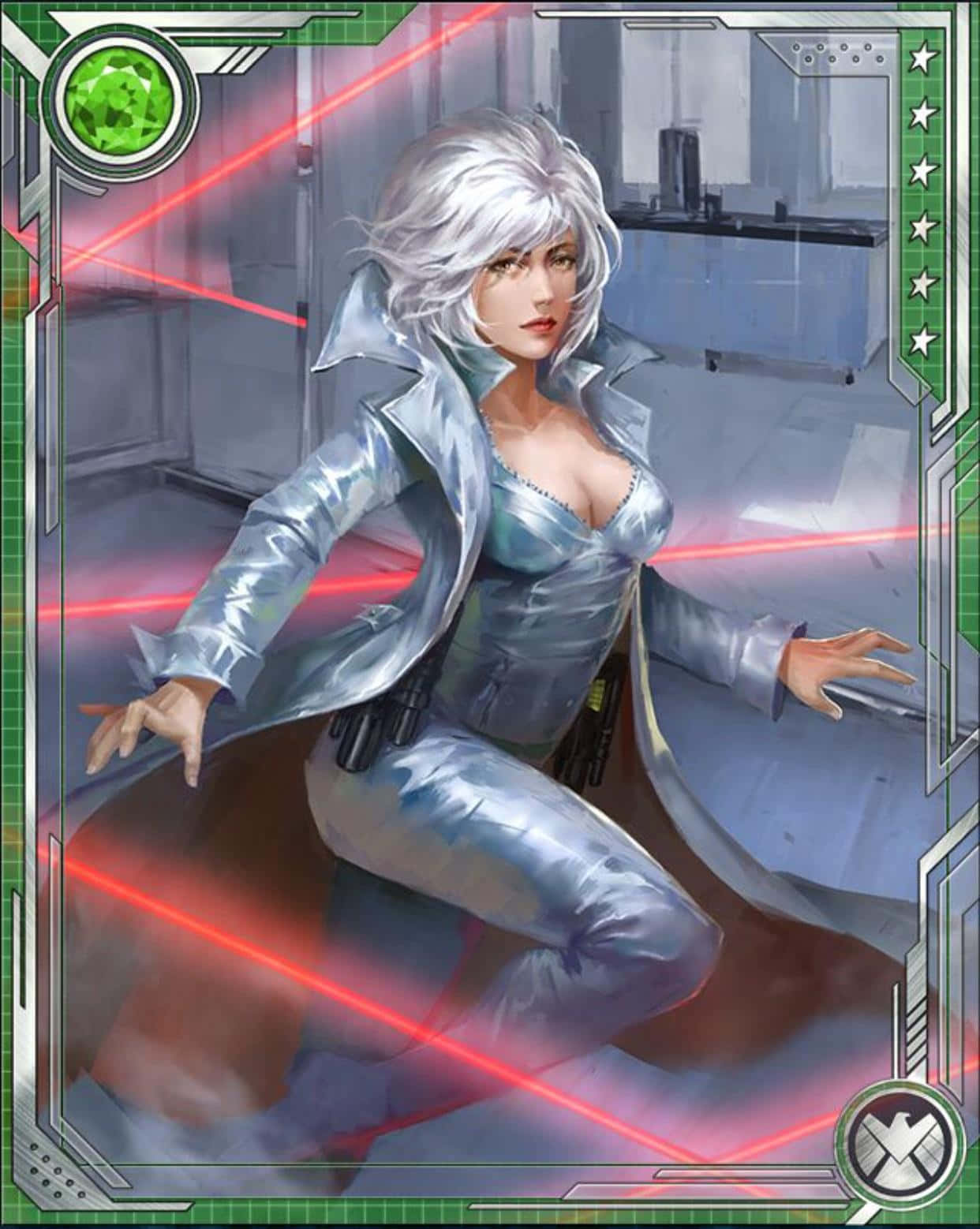 Silver Sable 桌布 壁紙 — 一位銀髮女性穿著金屬套裝，在未來實驗室環境中蹲伏在紅色激光束之間。