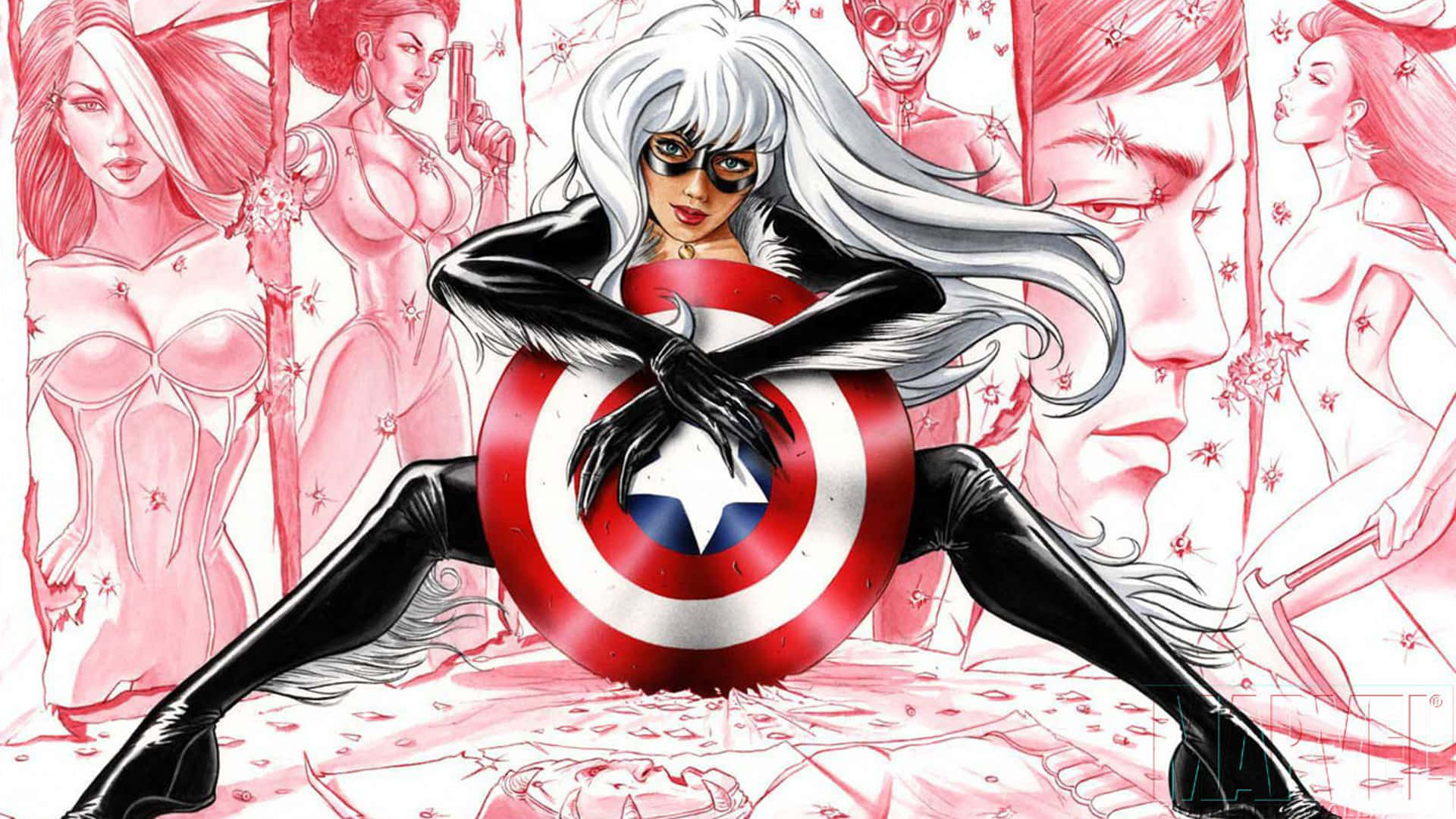 Heroes For Hire 桌布 壁紙 — 一位銀髮女性超級英雄穿著黑色套裝，以動態姿勢手持美國隊長的盾牌，背景為粉紅色草圖，並有其他角色。