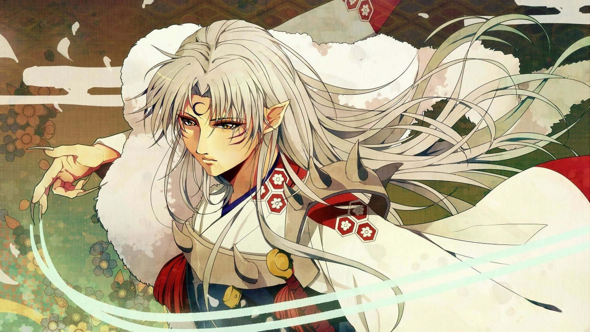 Inuyasha And Sesshomaru 桌布 壁紙 — 一位銀髮尖耳、身穿傳統長袍的動漫戰士，在花卉和雲朵背景中擺好姿勢。