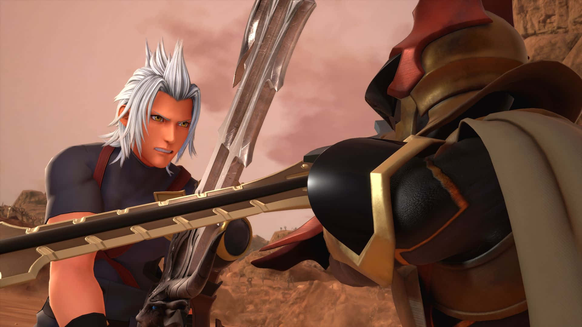 Kingdom Hearts 桌布 壁紙 — 一位銀髮戰士在塵土飛揚的沙漠峽谷中，與一名重裝甲對手緊張對峙，緊握著劍。