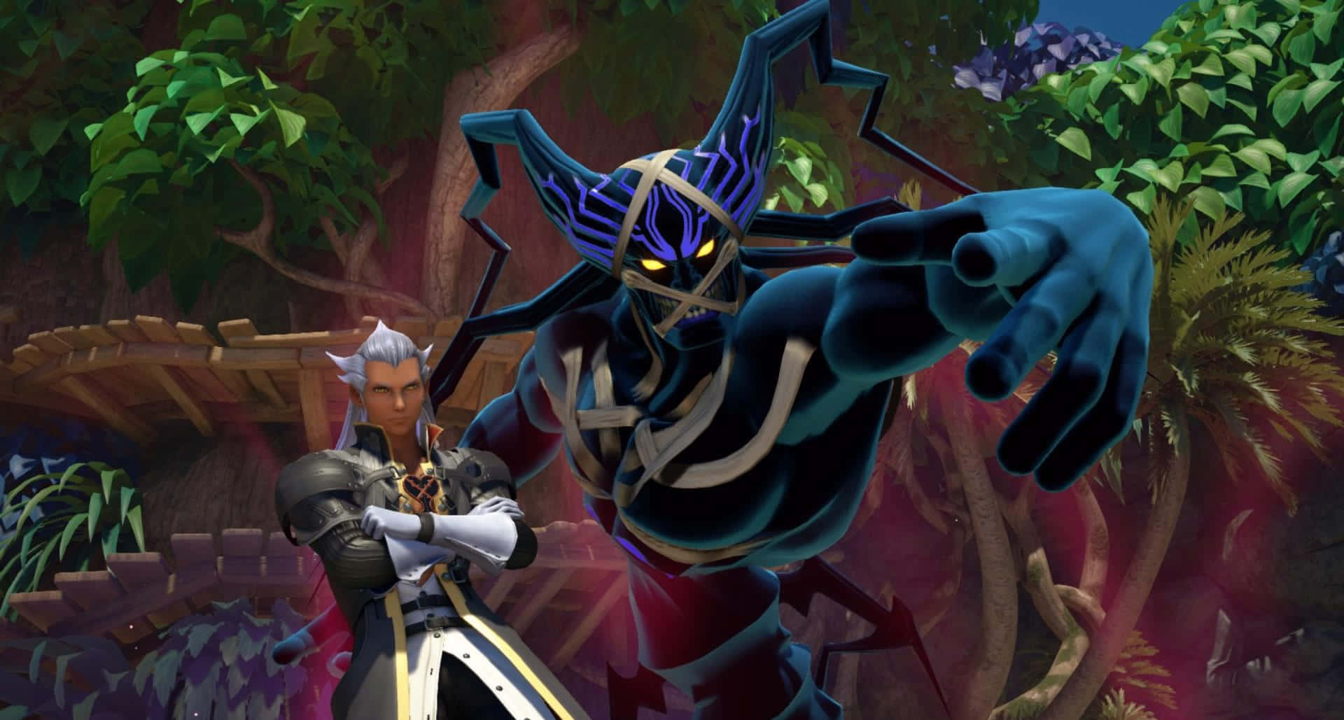 Ansem Seeker Of Darkness 桌布 壁紙 — 一位銀髮戰士在茂密的叢林中，挑釁地站在一個擁有發光黃色眼睛的藍色高大怪物面前。