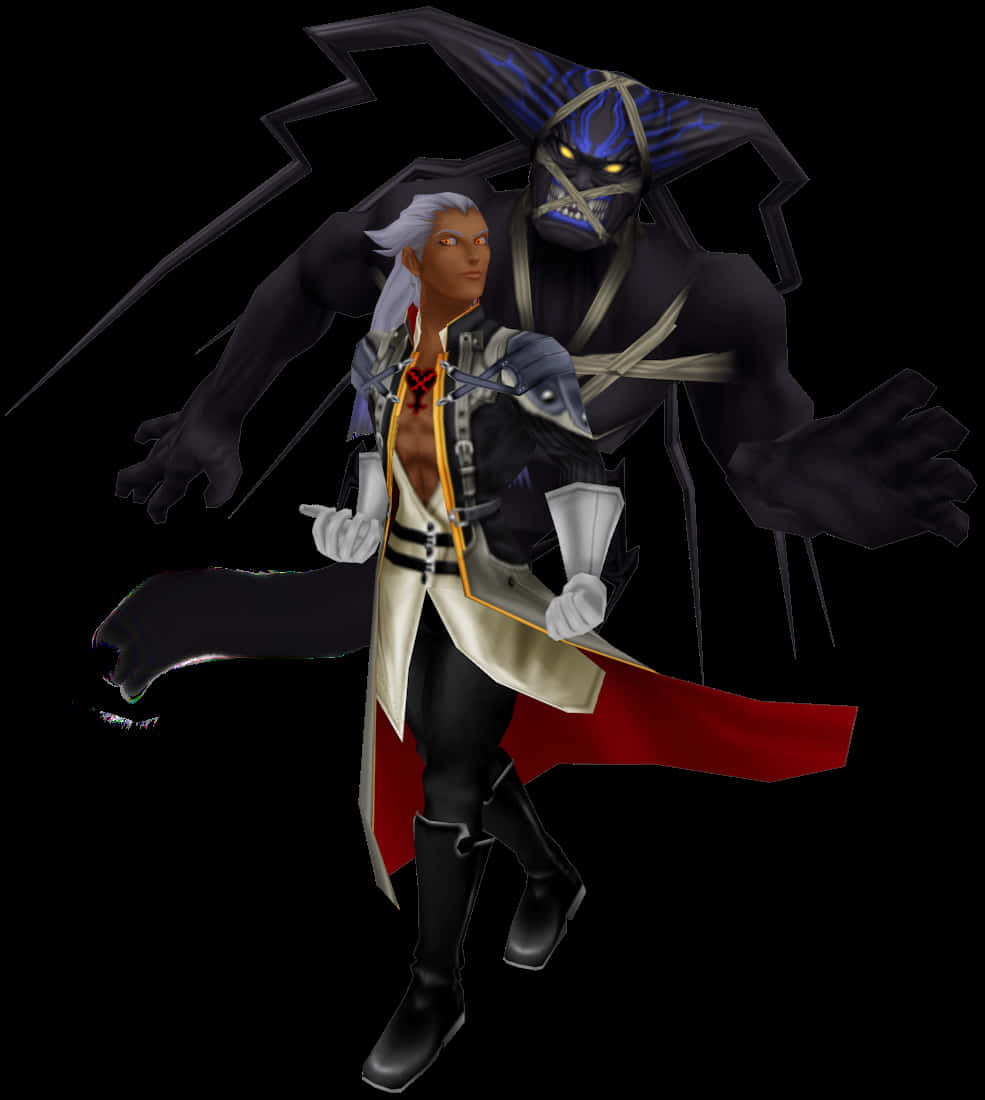 Ansem Seeker Of Darkness 桌布 壁紙 — 一位銀髮戰士身穿白色外套和紅色斗篷，挑釁地站在一個擁有發光眼睛的威脅性藍皮膚惡魔旁邊。