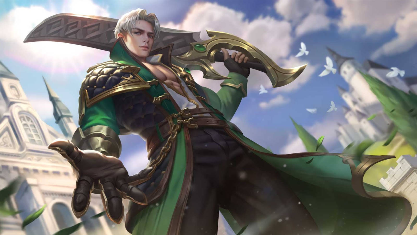 Mobile Legends 桌布 壁紙 — 一位銀髮戰士身穿綠色盔甲，在城堡和飛鳥的背景下，於明亮的天空下揮舞著一把巨大的華麗劍。
