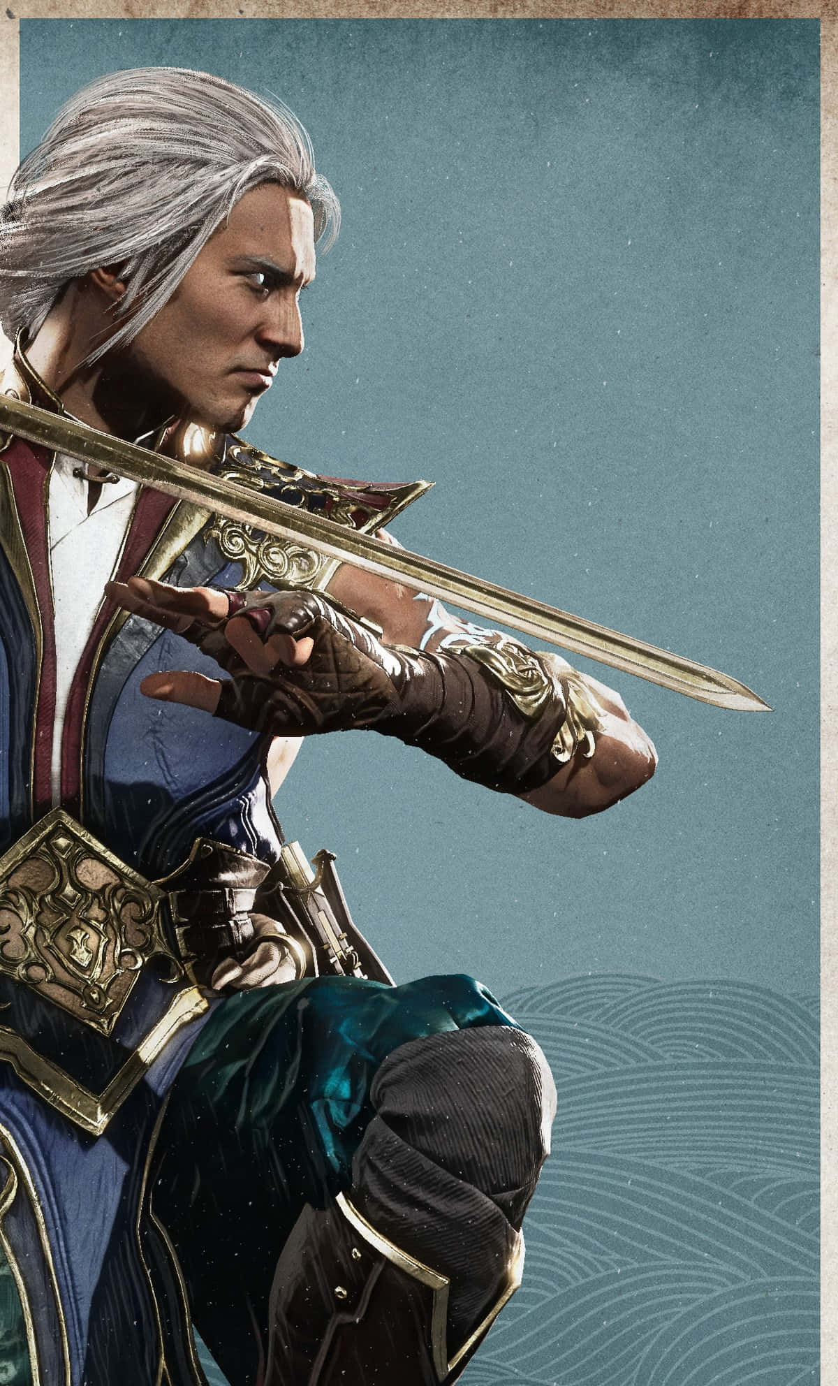 Mortal Kombat Fujin 桌布 壁紙 — 一位銀髮戰士身穿華麗盔甲，在帶有細微波浪圖案的紋理青綠色背景前，緊握一把閃閃發光的劍。