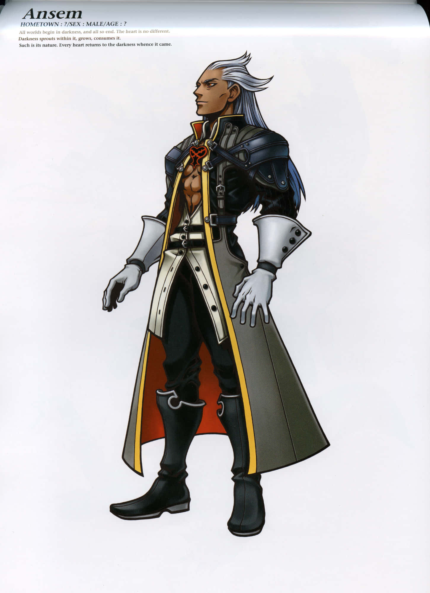 Ansem Seeker Of Darkness 桌布 壁紙 — 一位銀髮男性角色穿著帶有紅色內襯和黃色飾邊的深色裝甲外套，在純白色背景前擺出自信的姿勢。
