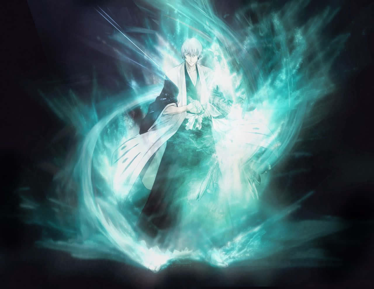 Gin Ichimaru 桌布 壁紙 — 一位銀髮白衣的動漫戰士在黑暗虛空中引導發光的青綠色能量。