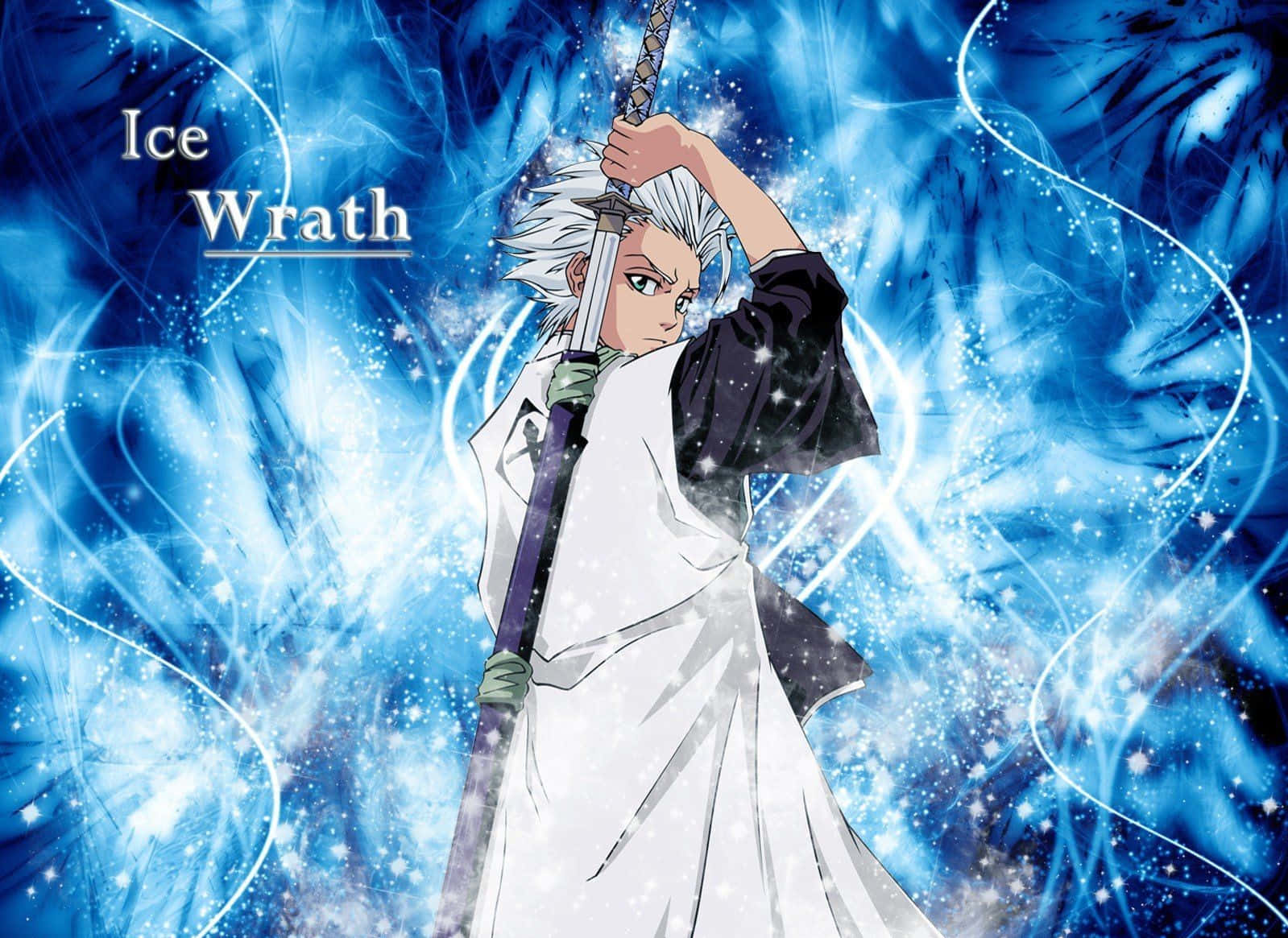 Toshiro Hitsugaya 桌布 壁紙 — 一位銀髮白衣的動漫戰士舉劍，背景是旋轉的藍色能量和閃爍粒子。