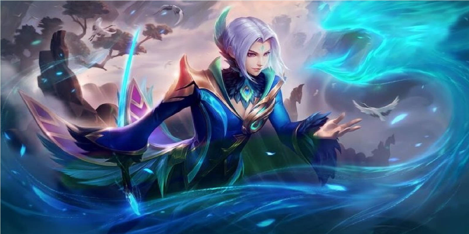 Mobile Legends 桌布 壁紙 — 一位銀髮的藍袍動畫法師，在旋轉的能量和漂浮的鳥群中，用劍引導發光的青色魔法。
