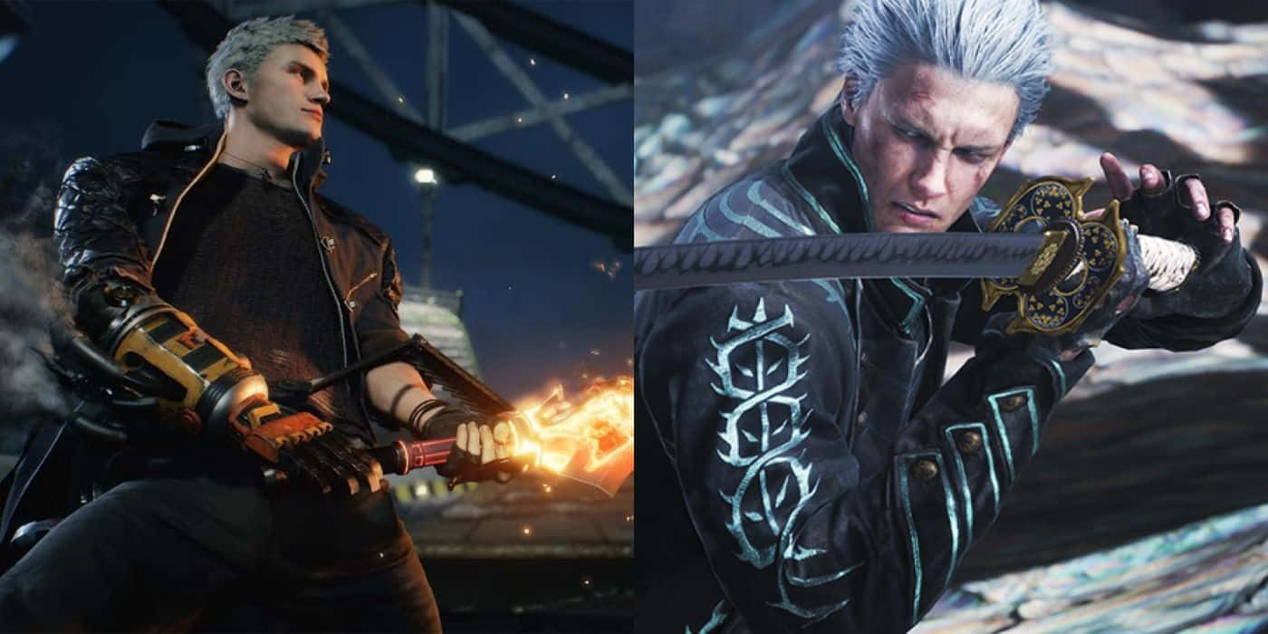 Devil May Cry Characters 桌布 壁紙 — 一位銀髮的電子遊戲戰士在黑暗的工業背景下揮舞著一把火焰劍和華麗的武士刀。