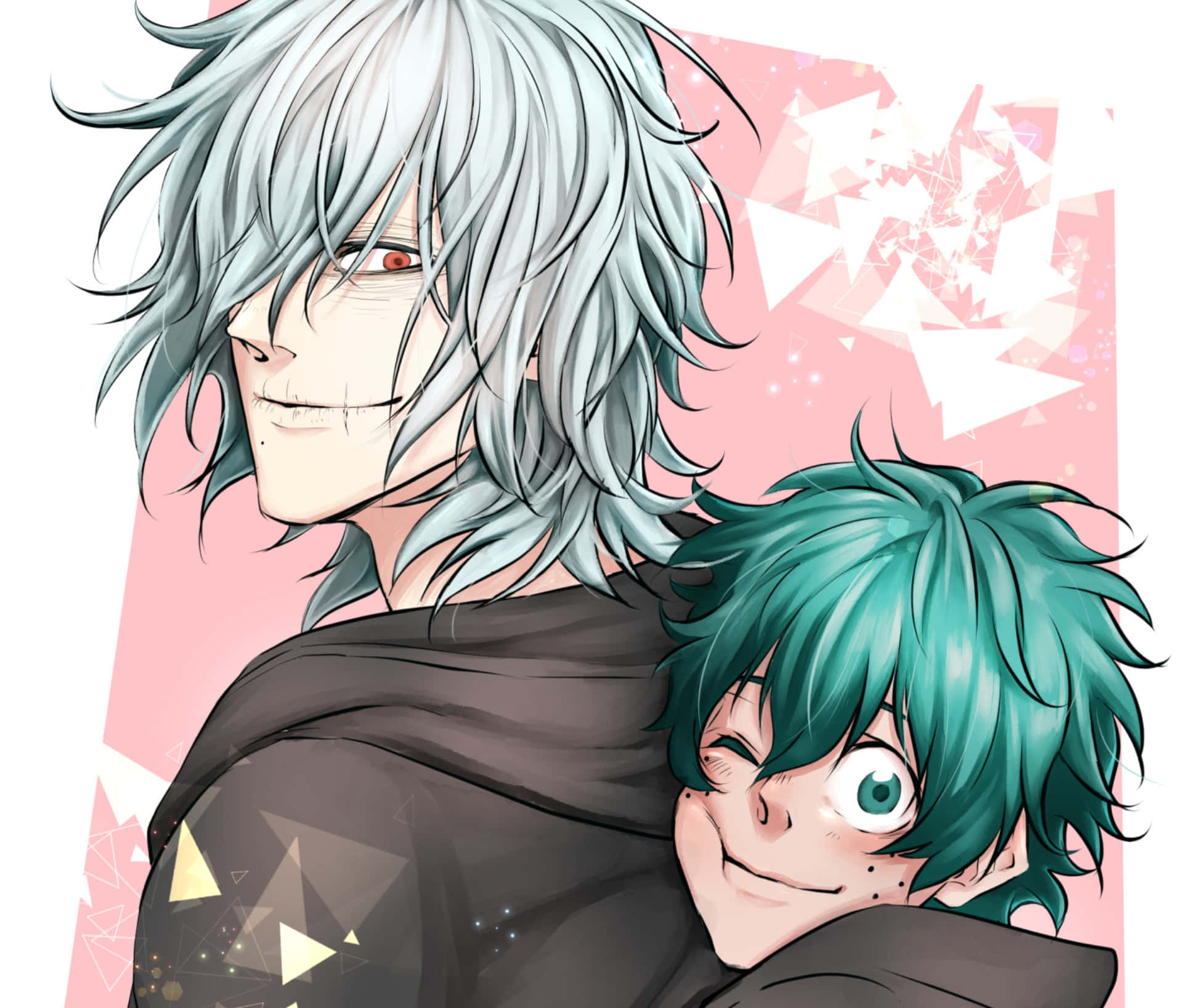 Tomura Shigaraki 桌布 壁紙 — 一位銀髮紅眼的動漫男子微笑，而一位青綠色頭髮的男孩擁抱他的肩膀，背景是粉紅色幾何圖案。