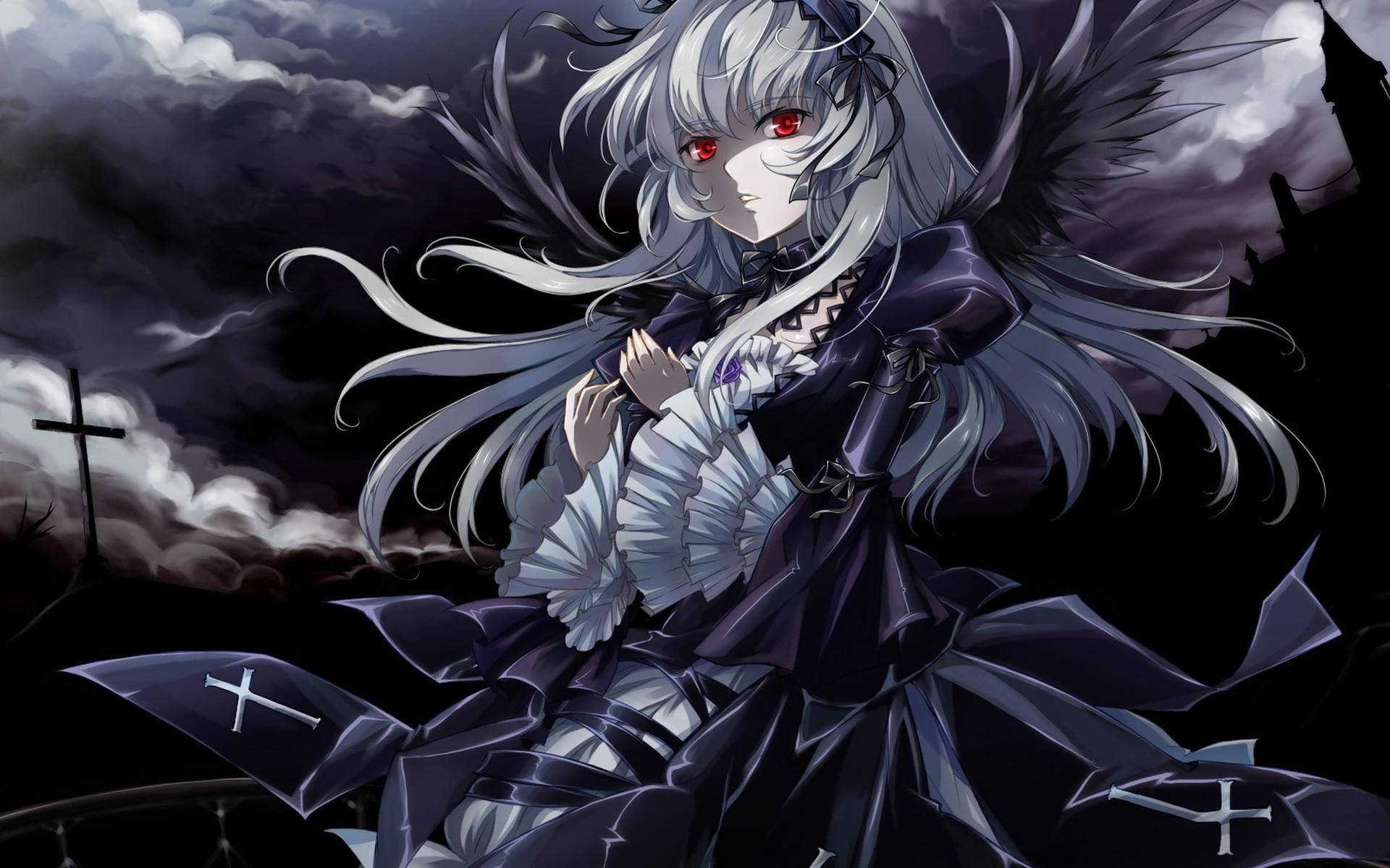 Goth 桌布 壁紙 — 一位銀髮紅眼的哥德式動漫女孩站在暴風雨的墓地中，穿著帶有白色荷葉邊和黑色翅膀的深紫色連衣裙。