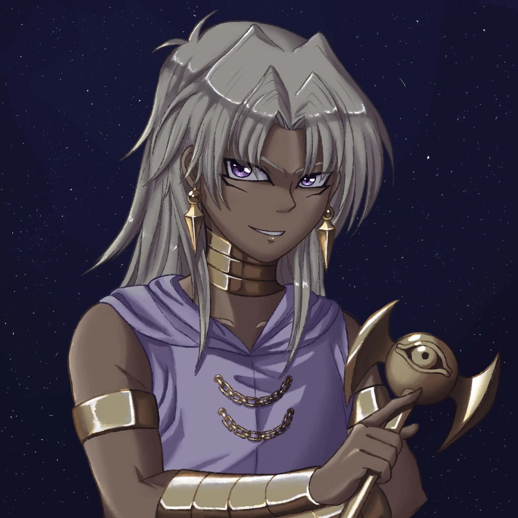 Marik Ishtar 桌布 壁紙 — 一位銀髮紫眼的動漫角色，在星空夜空背景下手持帶有眼睛符號的金色權杖。