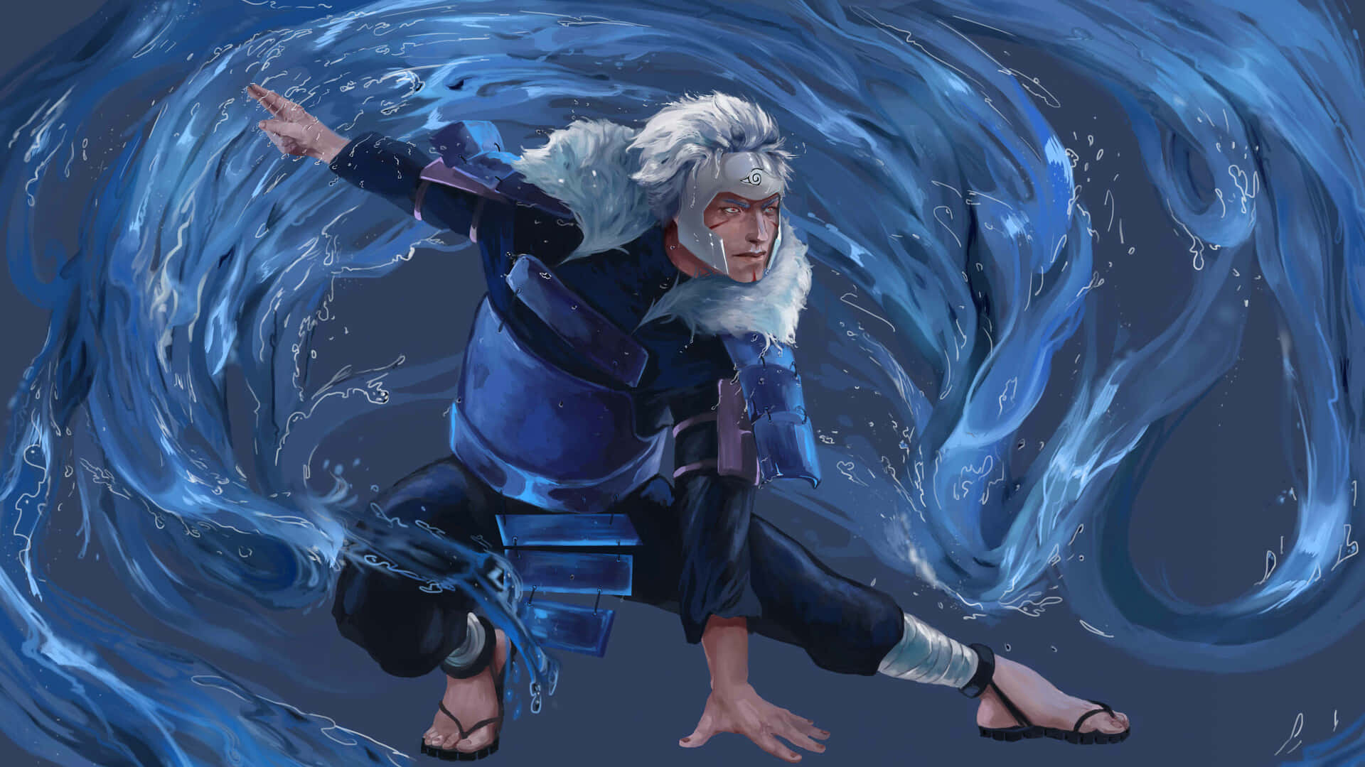 tobirama senju 桌布 壁紙 — 一位銀髮藍甲忍者，以動漫動態姿勢引導旋轉的水流環繞身體。