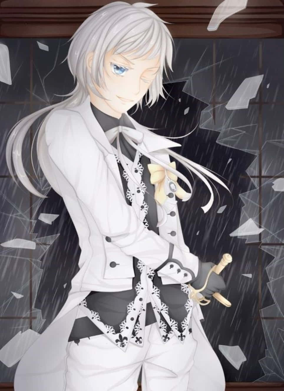Charles Grey 桌布 壁紙 — 一位銀髮藍眼的動畫男性站在暴風雨中，手持劍，破碎的玻璃在他周圍飛舞，背景是黑暗的窗戶。