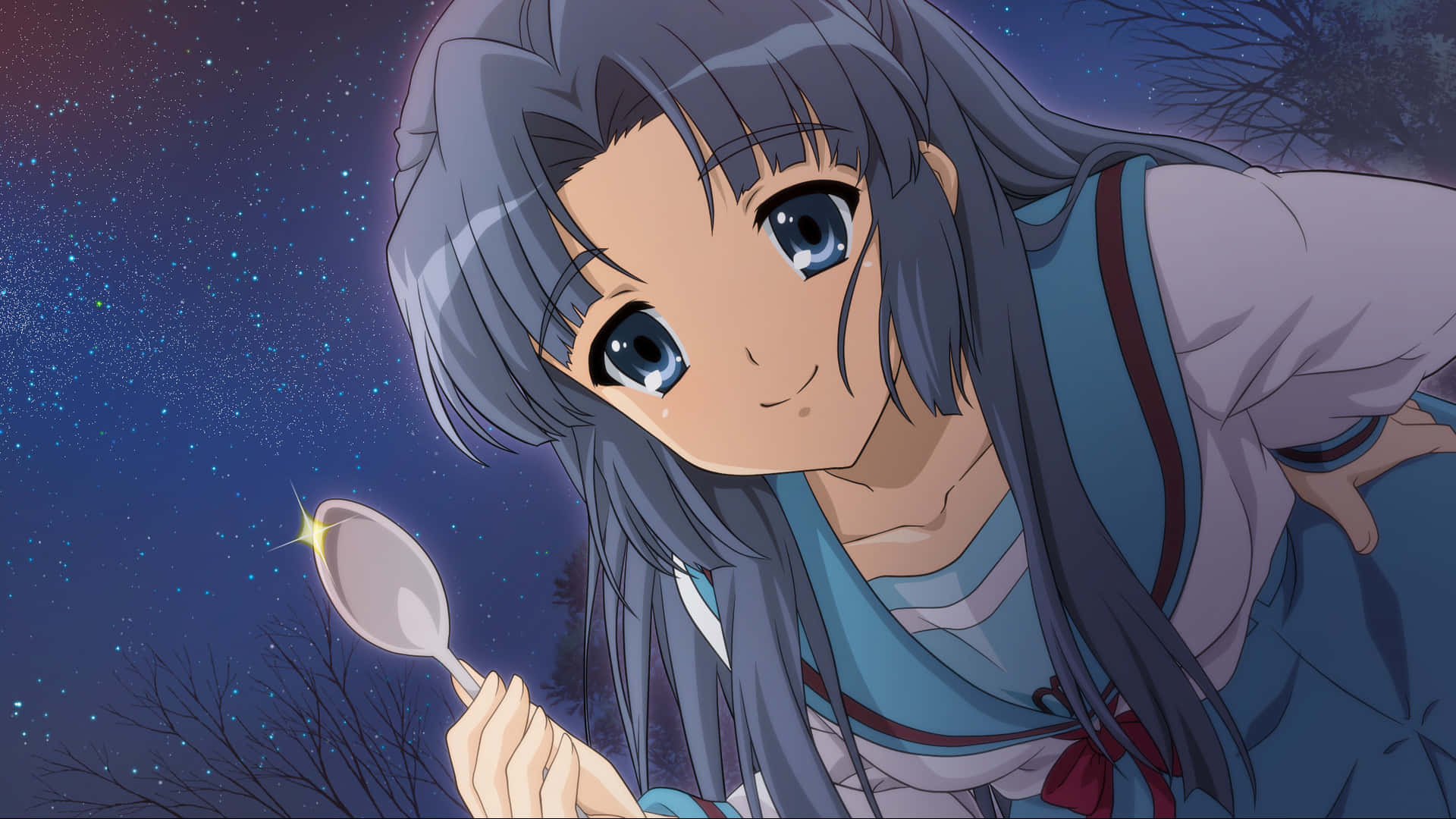 Ryoko Asakura 桌布 壁紙 — 一位銀髮藍眼的年輕動漫女孩在星空下微笑，手持帶有發光星星的湯匙。