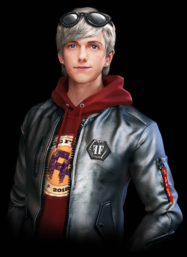 Free Fire Maxim PNG 壁紙 — 一位銀髮藍眼的年輕男子，在黑色背景前，頭戴護目鏡，身穿紅色連帽衫，外搭銀色飛行員夾克。