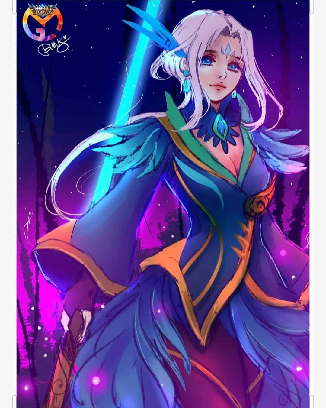 Mobile Legends 桌布 壁紙 — 一位銀髮藍眼的發光動畫法師，在星光點點的紫色森林中揮舞著一把光芒四射的劍。