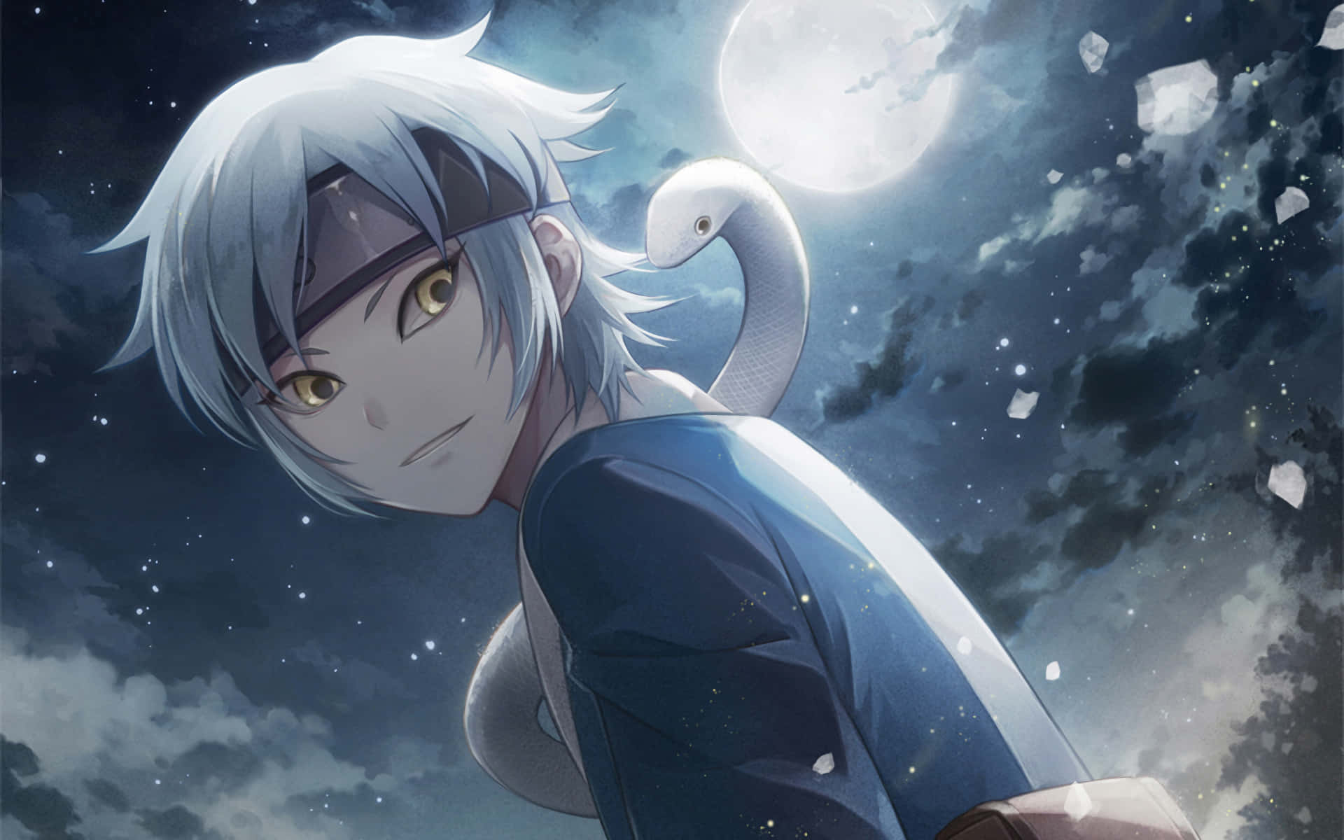 Mitsuki 桌布 壁紙 — 一位銀髮金瞳的動漫男孩與蛇同伴在滿月下凝視星空夜空。