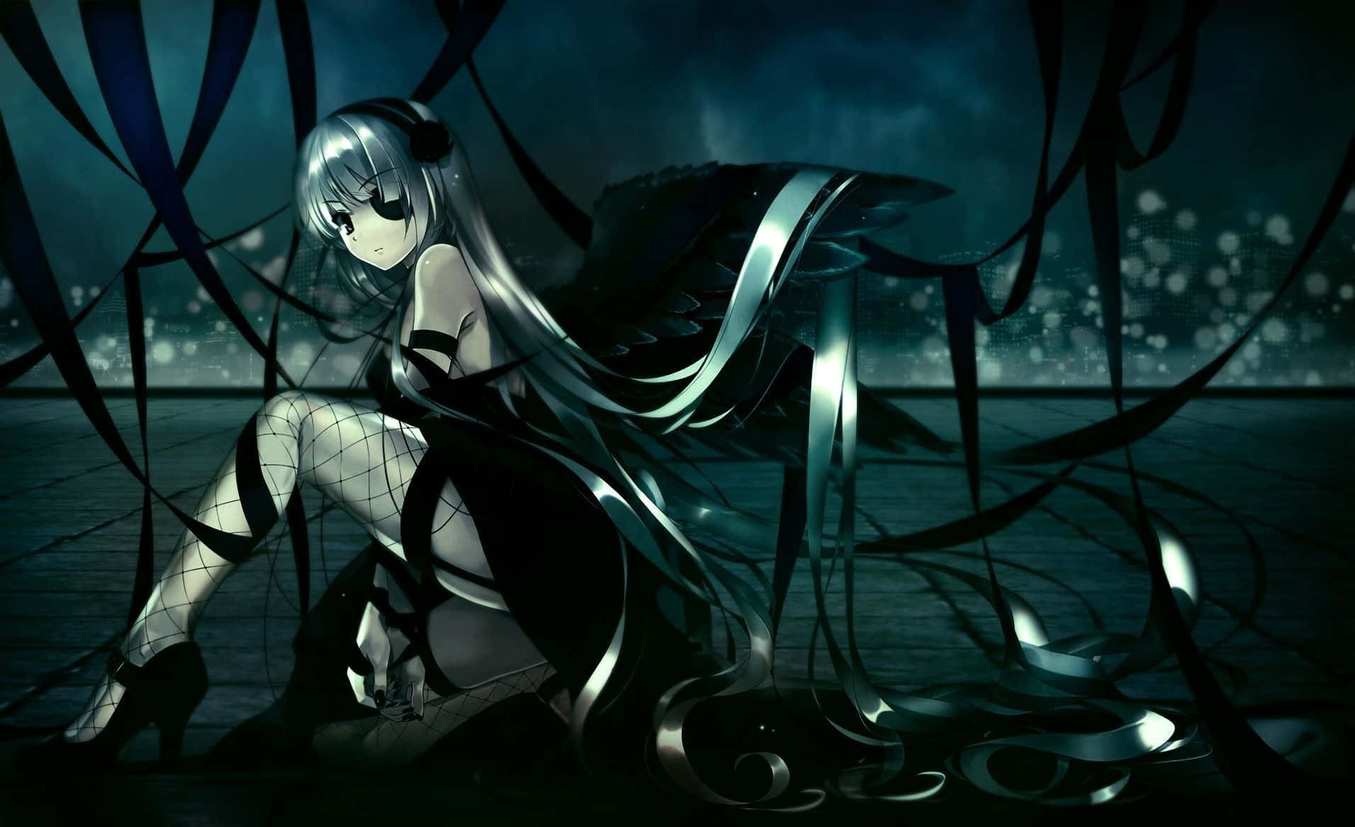 Sad Dark Anime 桌布 壁紙 — 一位銀髮黑翼的動漫女孩坐在深色絲帶中，背景是帶有城市燈光的憂鬱夜空。