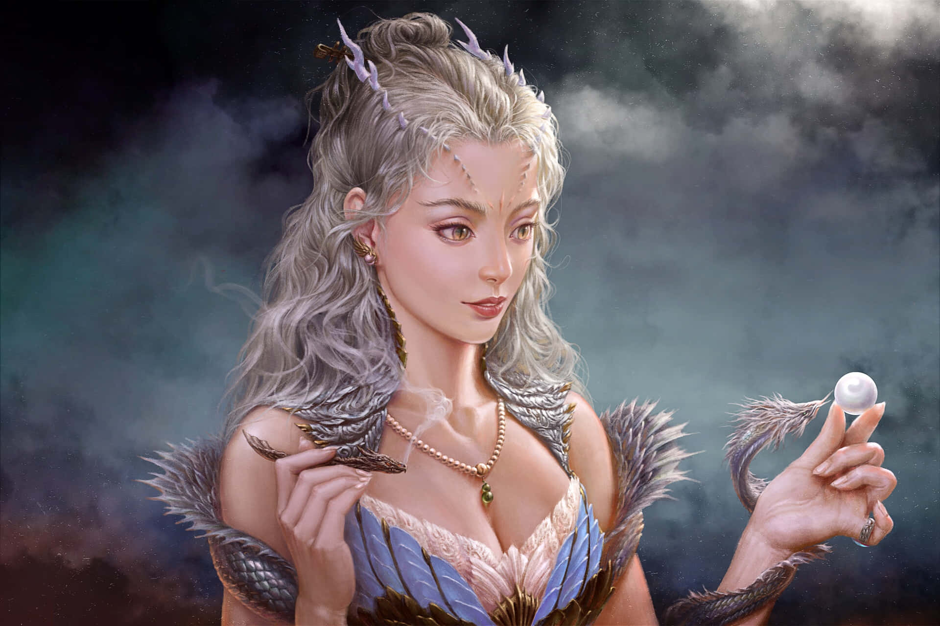 pearl 桌布 壁紙 — 一位銀髮龍鱗盔甲的女性幻想角色，在煙霧瀰漫的黑暗天空中手持發光珍珠。